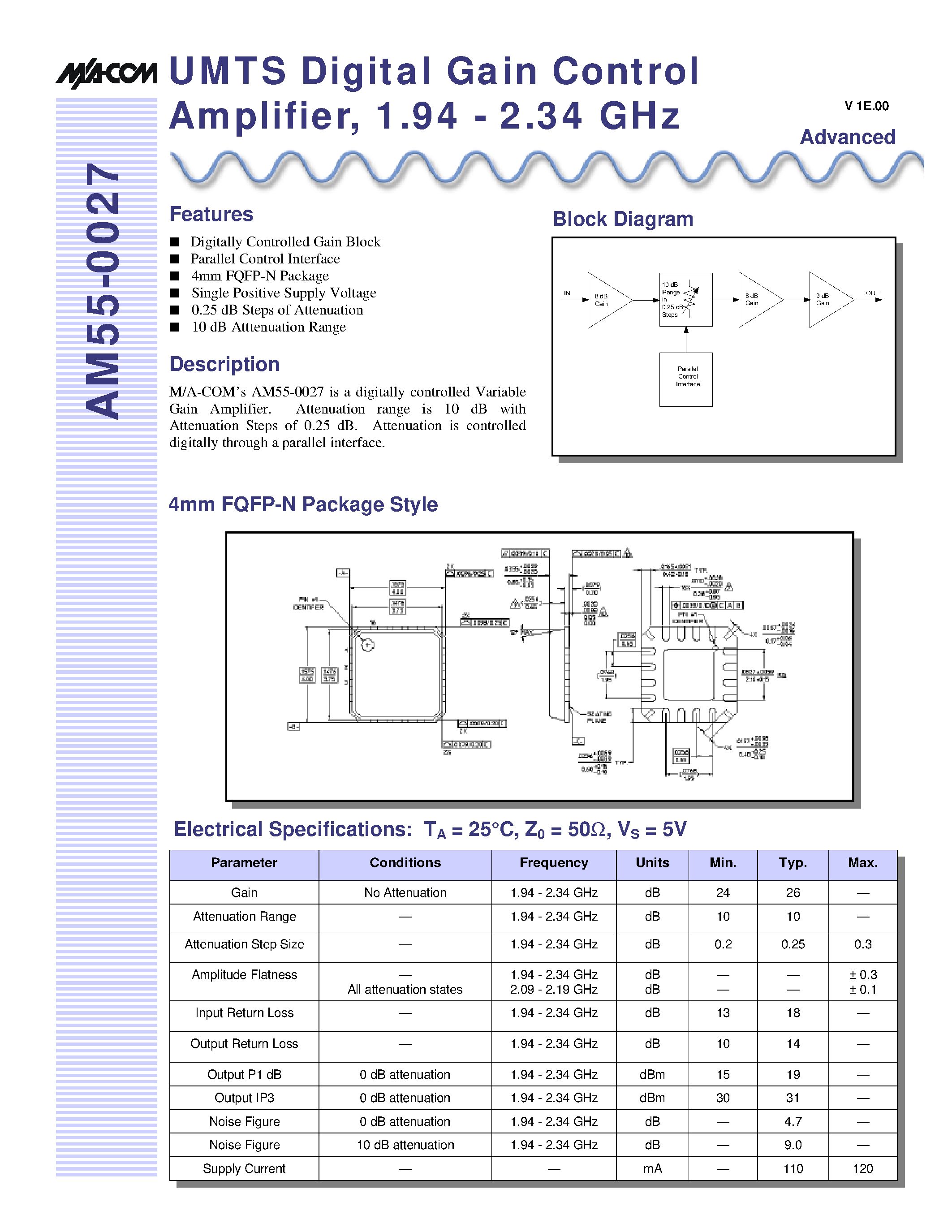 Даташит на микросхему AM55-0027 страница 1 Даташит AM55-0027 - UMTS Digital Gain Control Amplifier/ 1.94 - 2.34 GHz страница 1