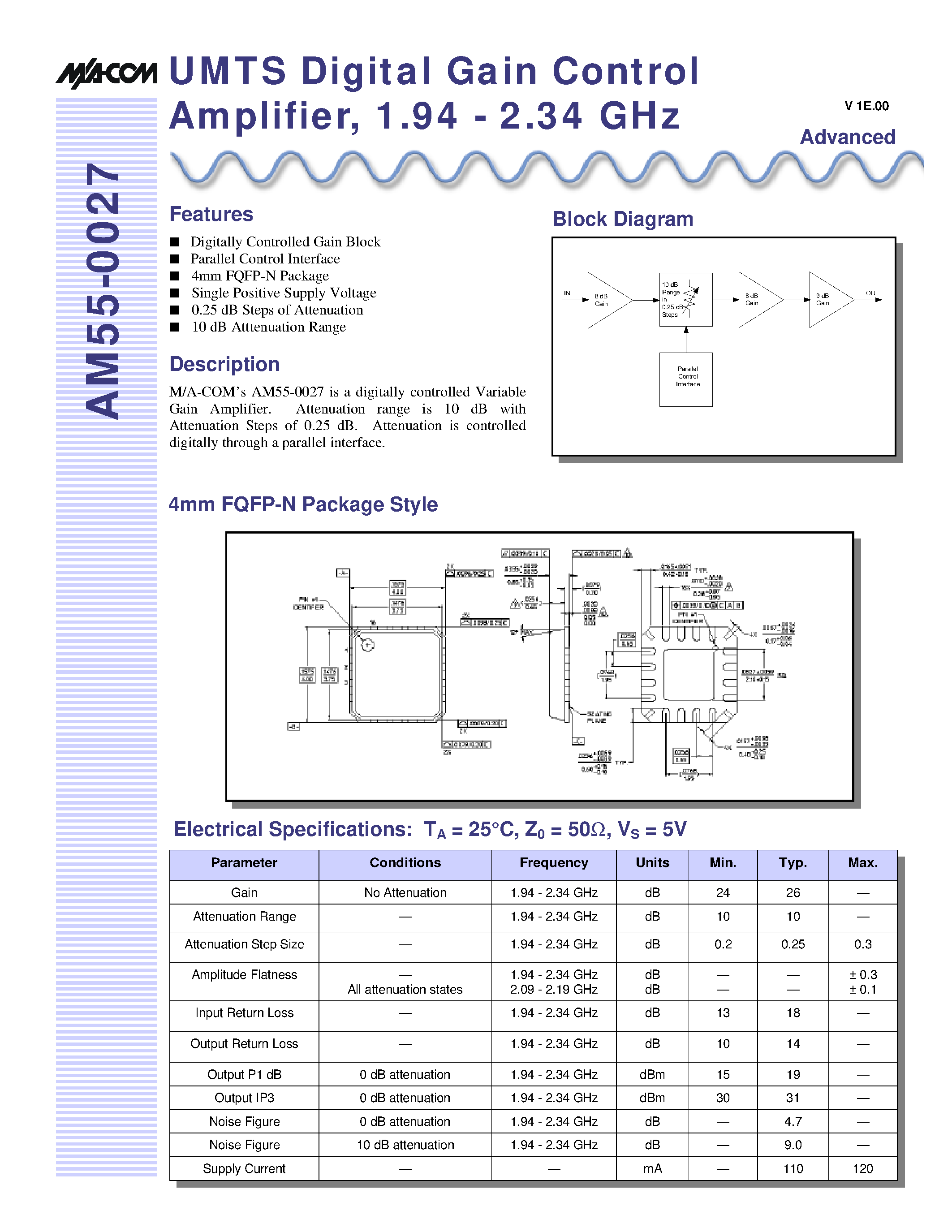 Даташит AM55-0027-TB - UMTS Digital Gain Control Amplifier/ 1.94 - 2.34 GHz страница 1