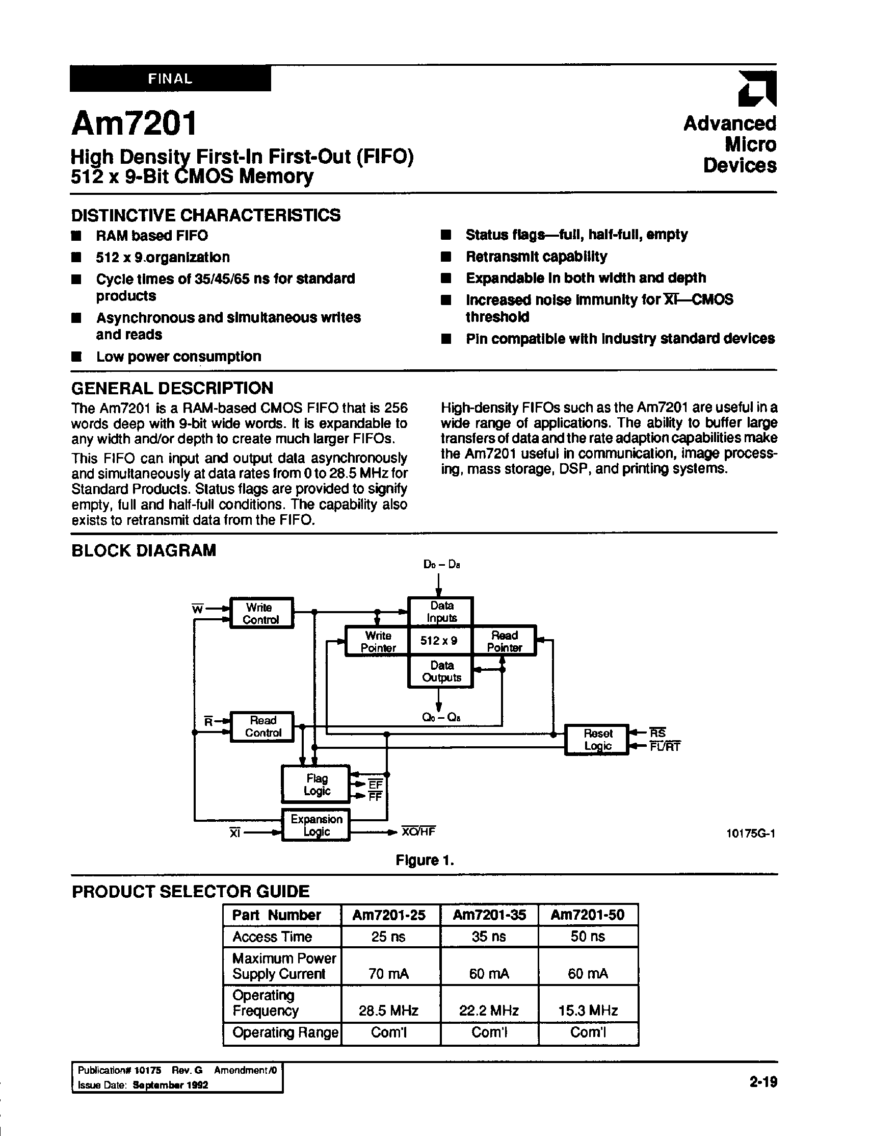 Datasheet Am7201-50PC page 1 Datasheet Am7201-50PC - HIGH DENSITY FIRST-IN FIRST-OUT(FIFO) 512 x 9-BIT CMOS MEMORY page 1