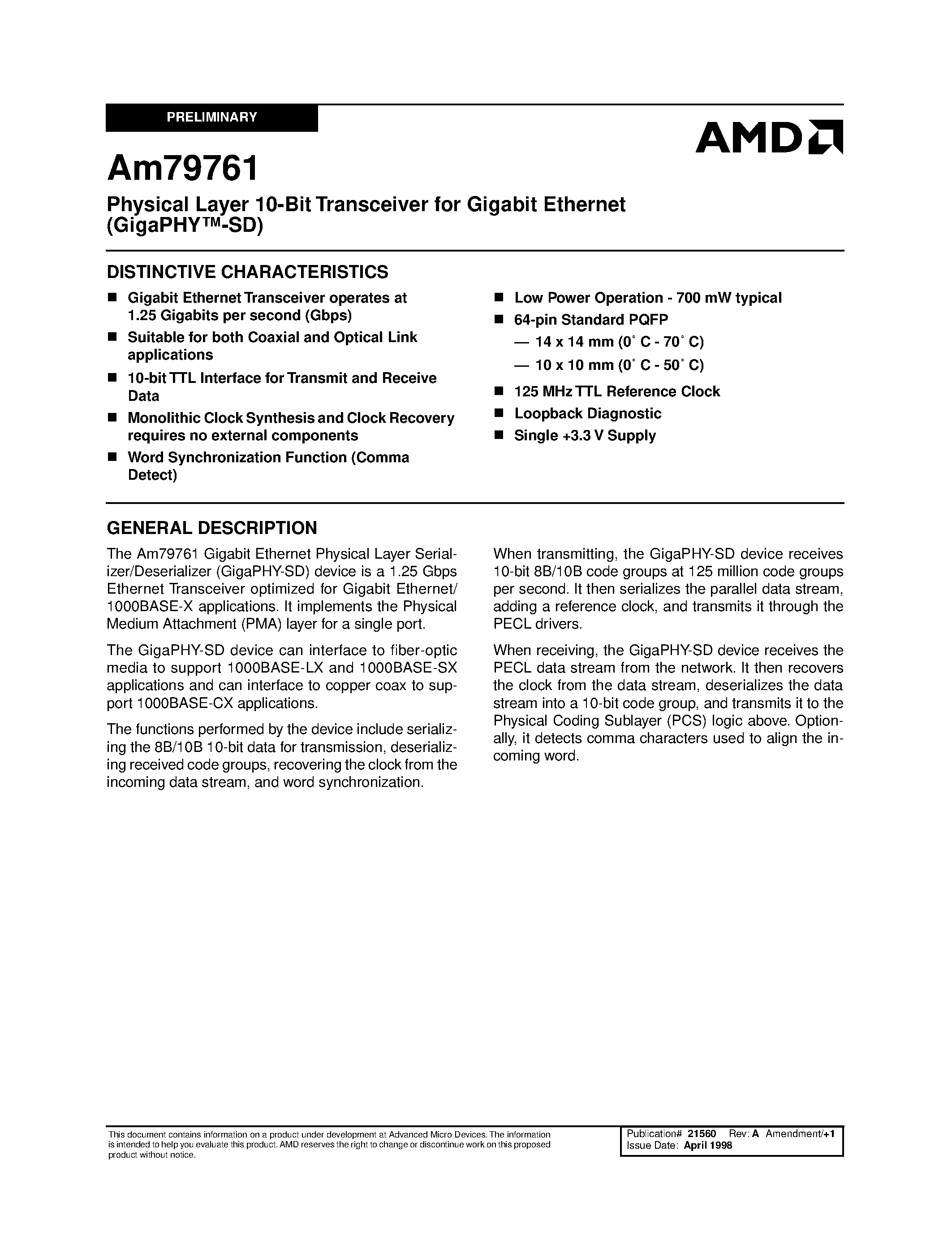 Datasheet Am79761YC-10 page 1 Datasheet Am79761YC-10 - Physical Layer 10-Bit Transceiver for Gigabit Ethernet (GigaPHY-SD) page 1