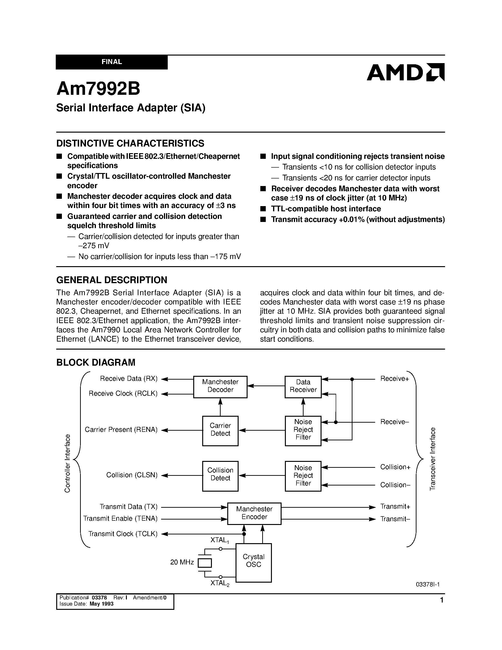 Datasheet AM7992BJCB page 1 Datasheet AM7992BJCB - Serial Interface Adapter (SIA) page 1