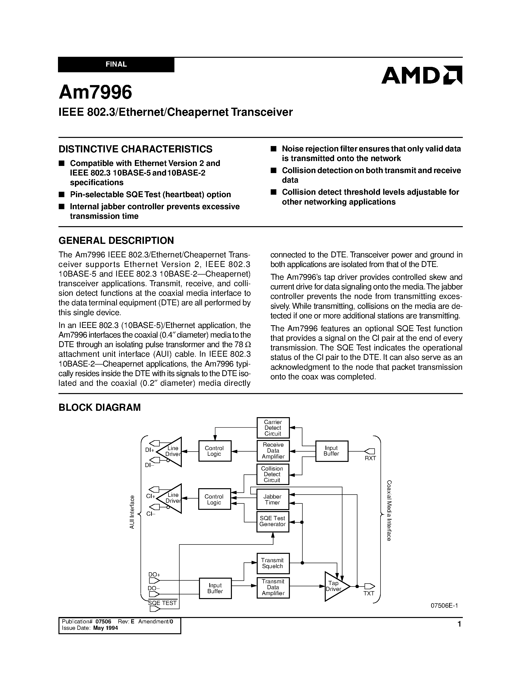 Datasheet AM7996JC page 1 Datasheet AM7996JC - IEEE 802.3/Ethernet/Cheapernet Transceiver page 1