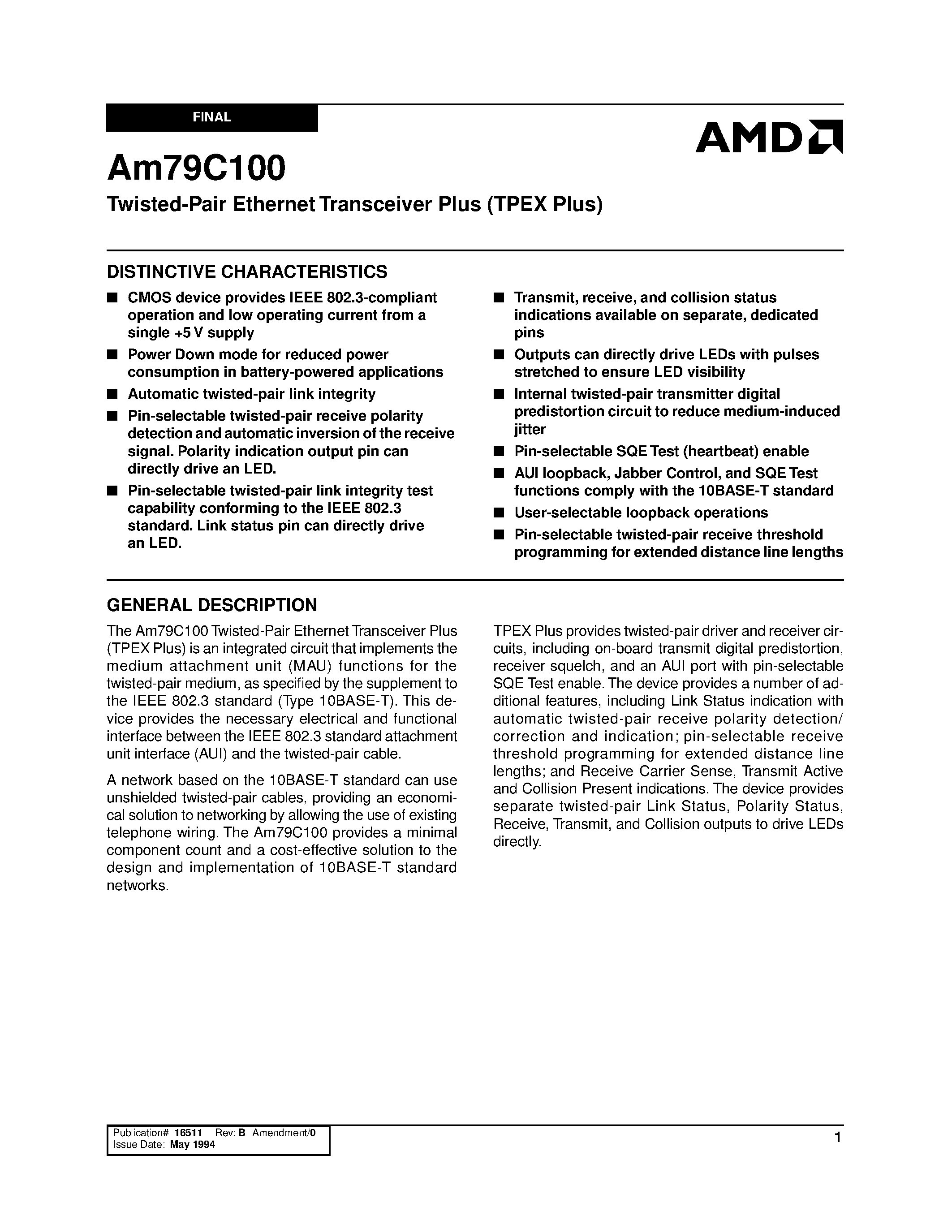 Datasheet AM79C100 page 1 Datasheet AM79C100 - Twisted-Pair Ethernet Transceiver Plus (TPEX Plus) page 1