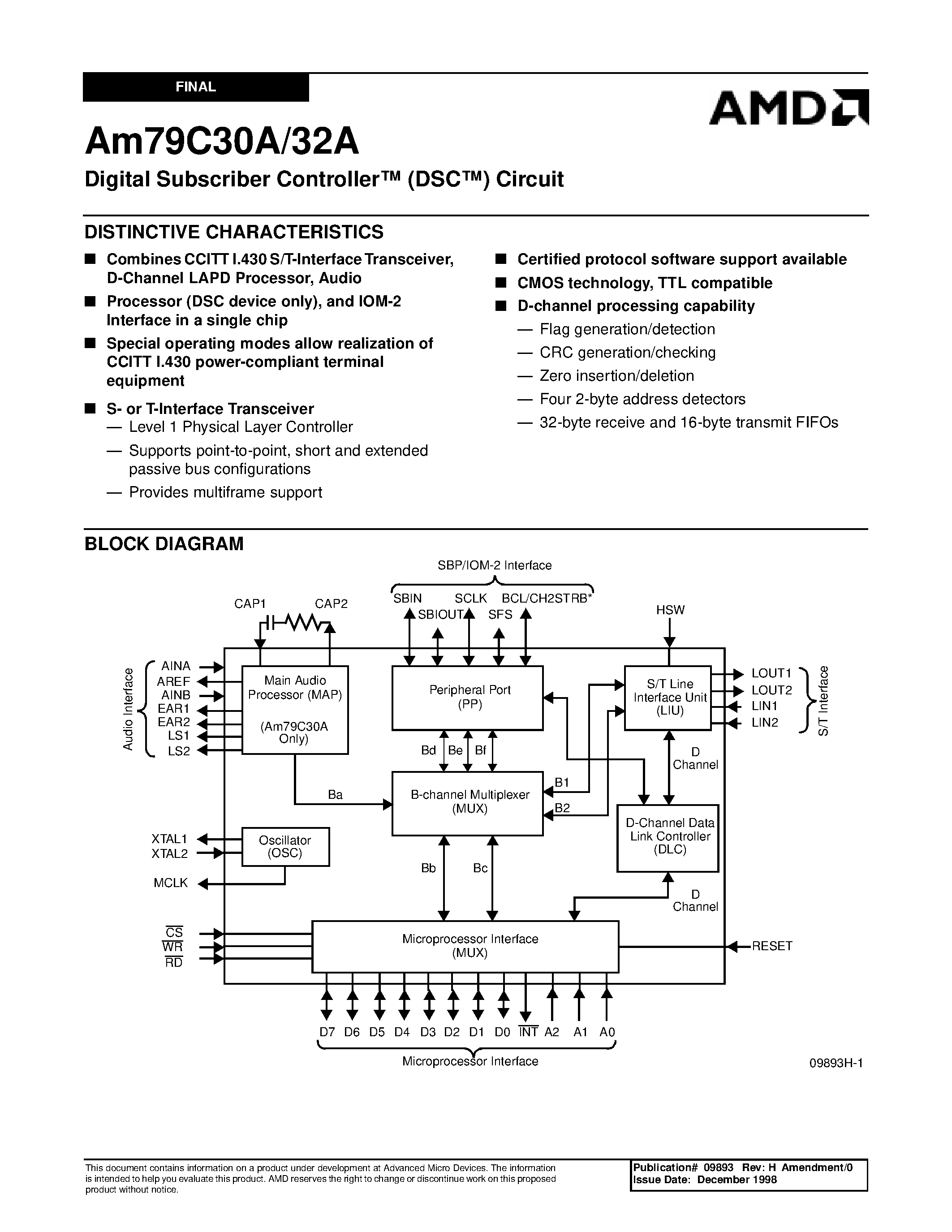 Datasheet AM79C30A page 1 Datasheet AM79C30A - Digital Subscriber Controller (DSC) Circuit page 1