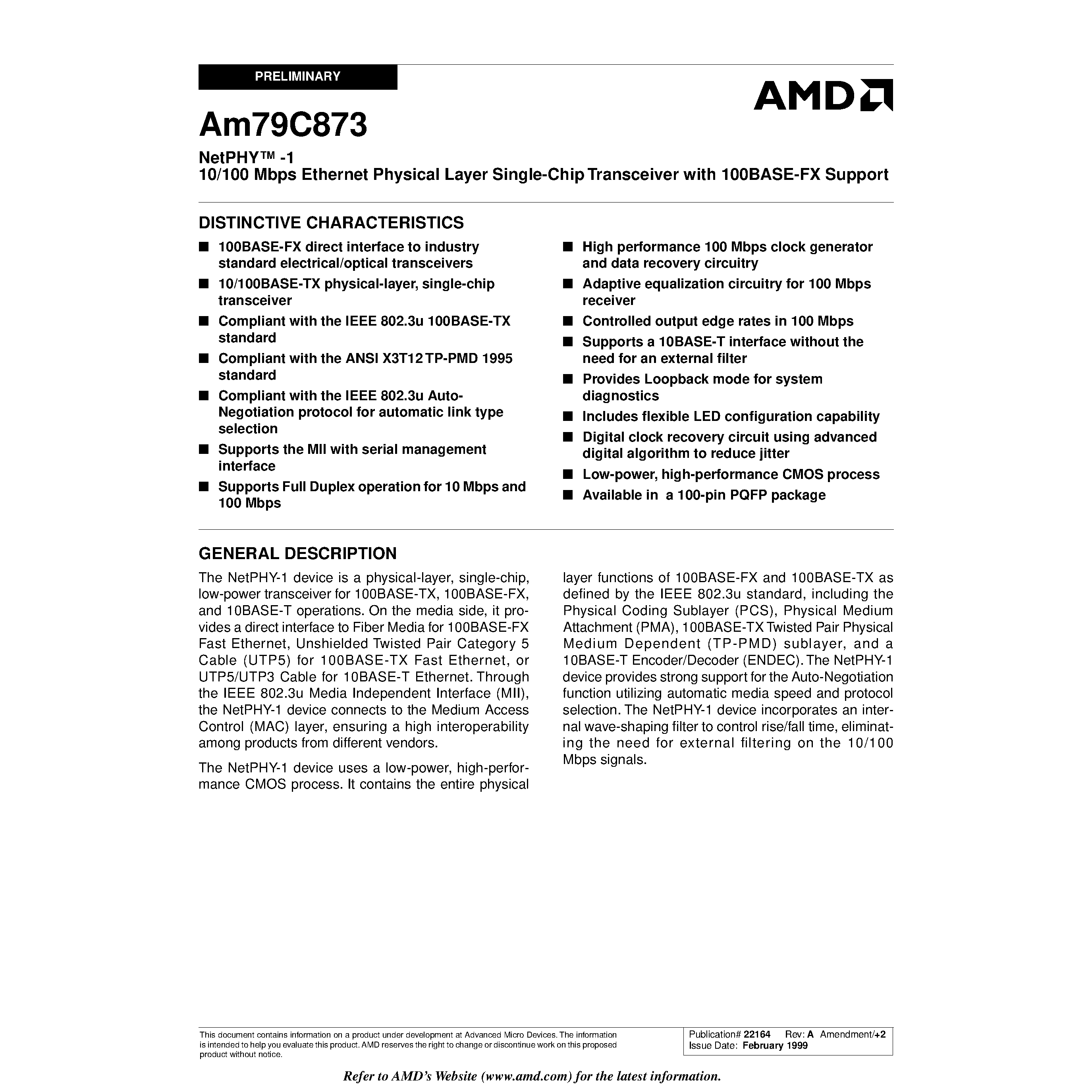 Datasheet AM79C873 page 1 Datasheet AM79C873 - NetPHY -1 10/100 Mbps Ethernet Physical Layer Single-Chip Transceiver with 100BASE-FX Support page 1