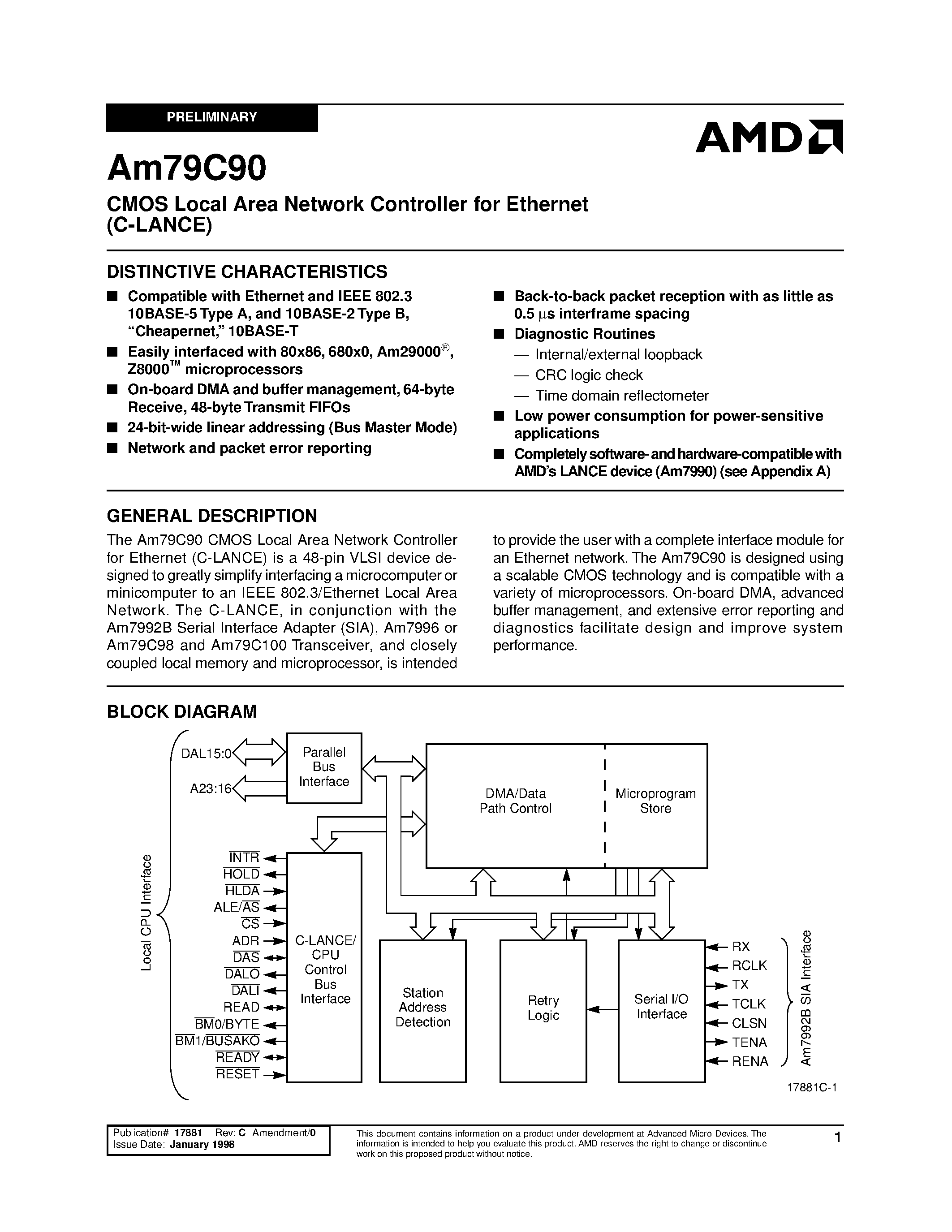 Datasheet AM79C90 page 1 Datasheet AM79C90 - CMOS Local Area Network Controller for Ethernet (C-LANCE) page 1