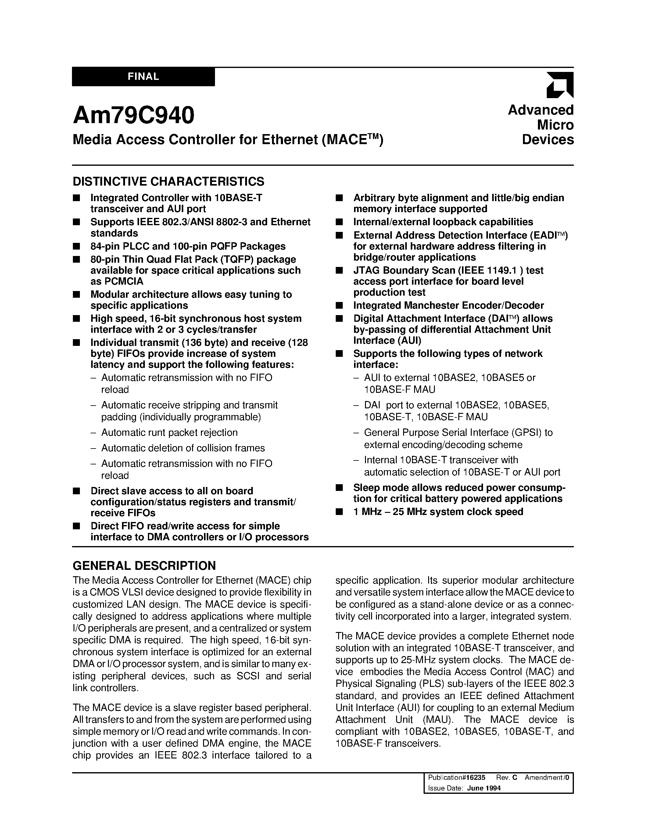 Datasheet AM79C940JCW page 1 Datasheet AM79C940JCW - Media Access Controller for Ethernet (MACE) page 1