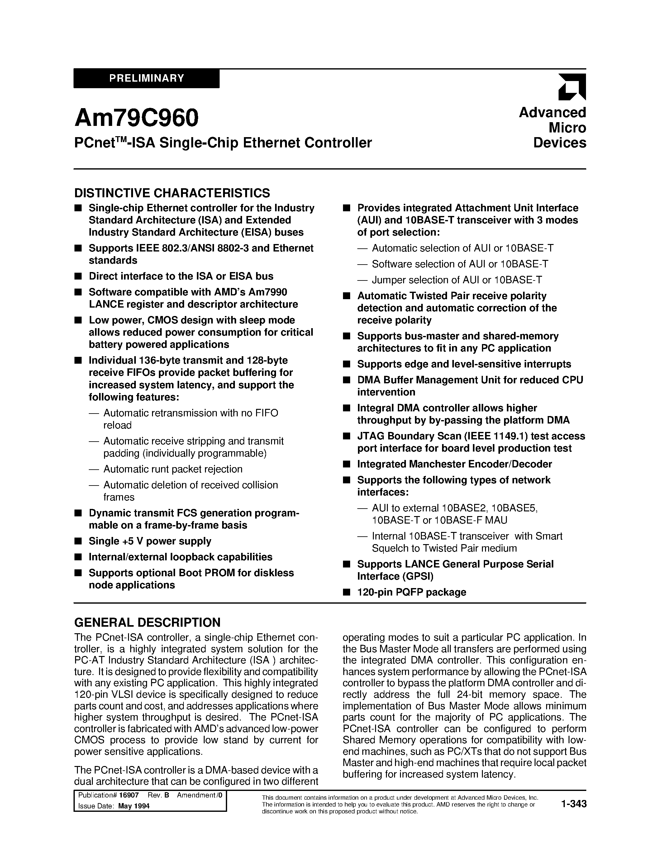 Datasheet AM79C960KC page 1 Datasheet AM79C960KC - PCnetTM-ISA Single-Chip Ethernet Controller page 1