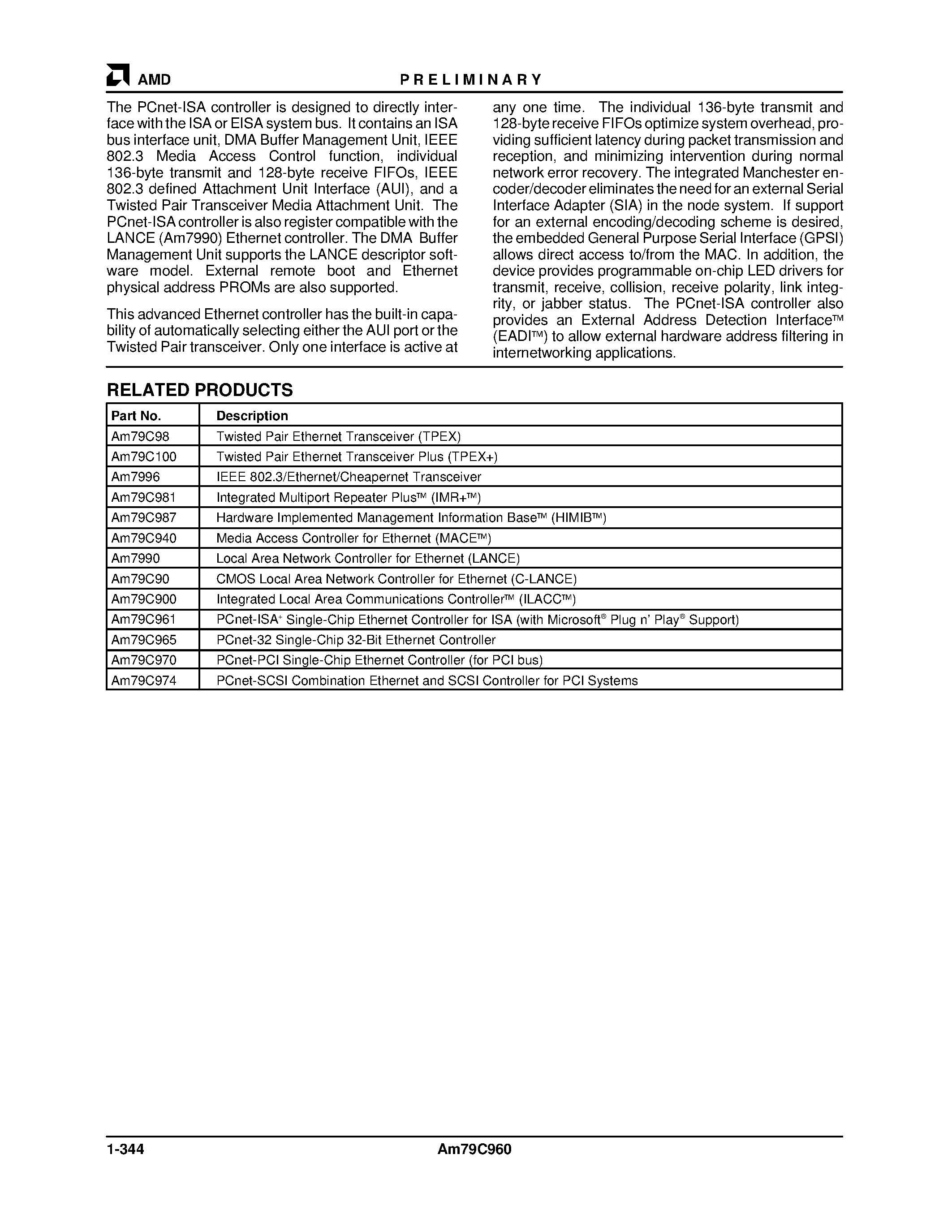 Datasheet AM79C960KCW page 2 Datasheet AM79C960KCW - PCnetTM-ISA Single-Chip Ethernet Controller page 2