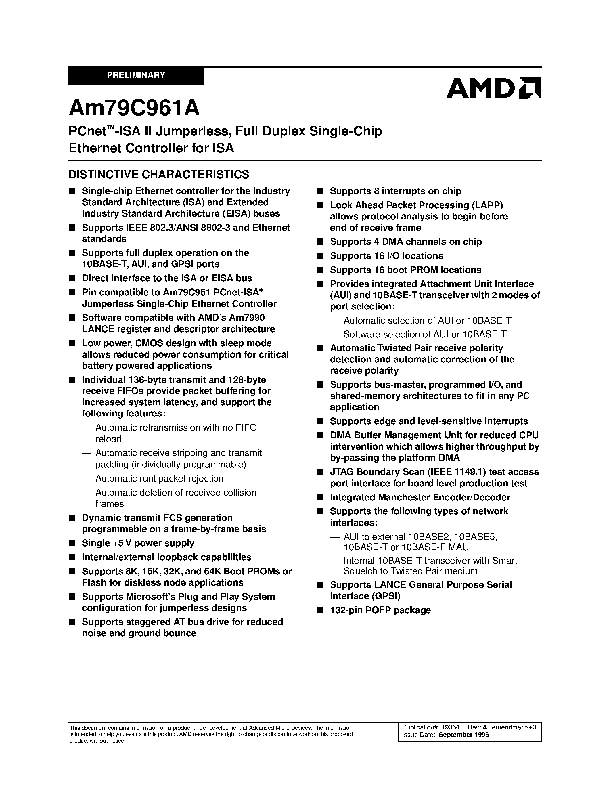 Даташит на микросхему AM79C961AKC страница 1 Даташит AM79C961AKC - PCnet -ISA II Jumperless/ Full Duplex Single-Chip Ethernet Controller for ISA страница 1