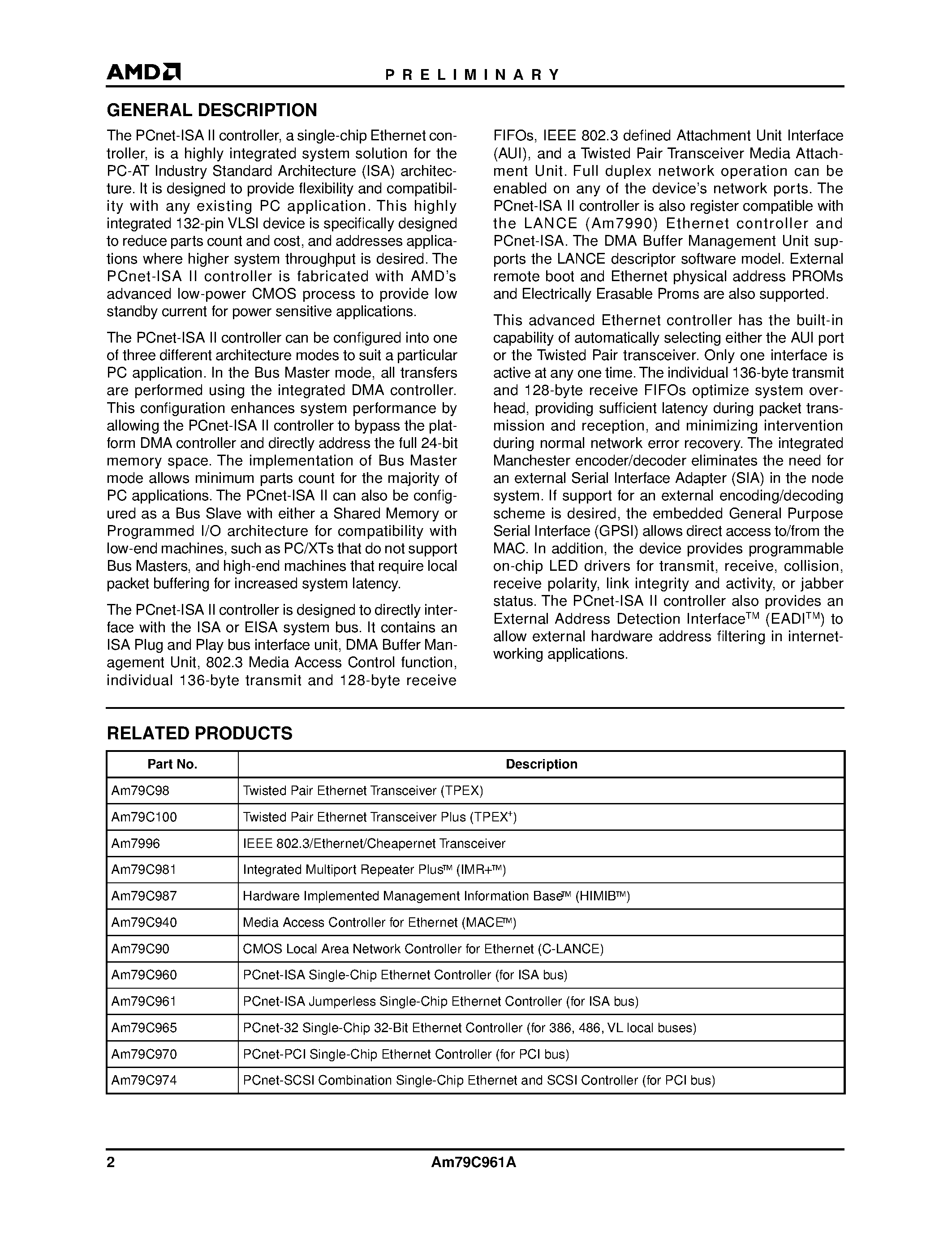 Datasheet AM79C961AKCW - PCnet -ISA II Jumperless/ Full Duplex Single-Chip Ethernet Controller for ISA page 2