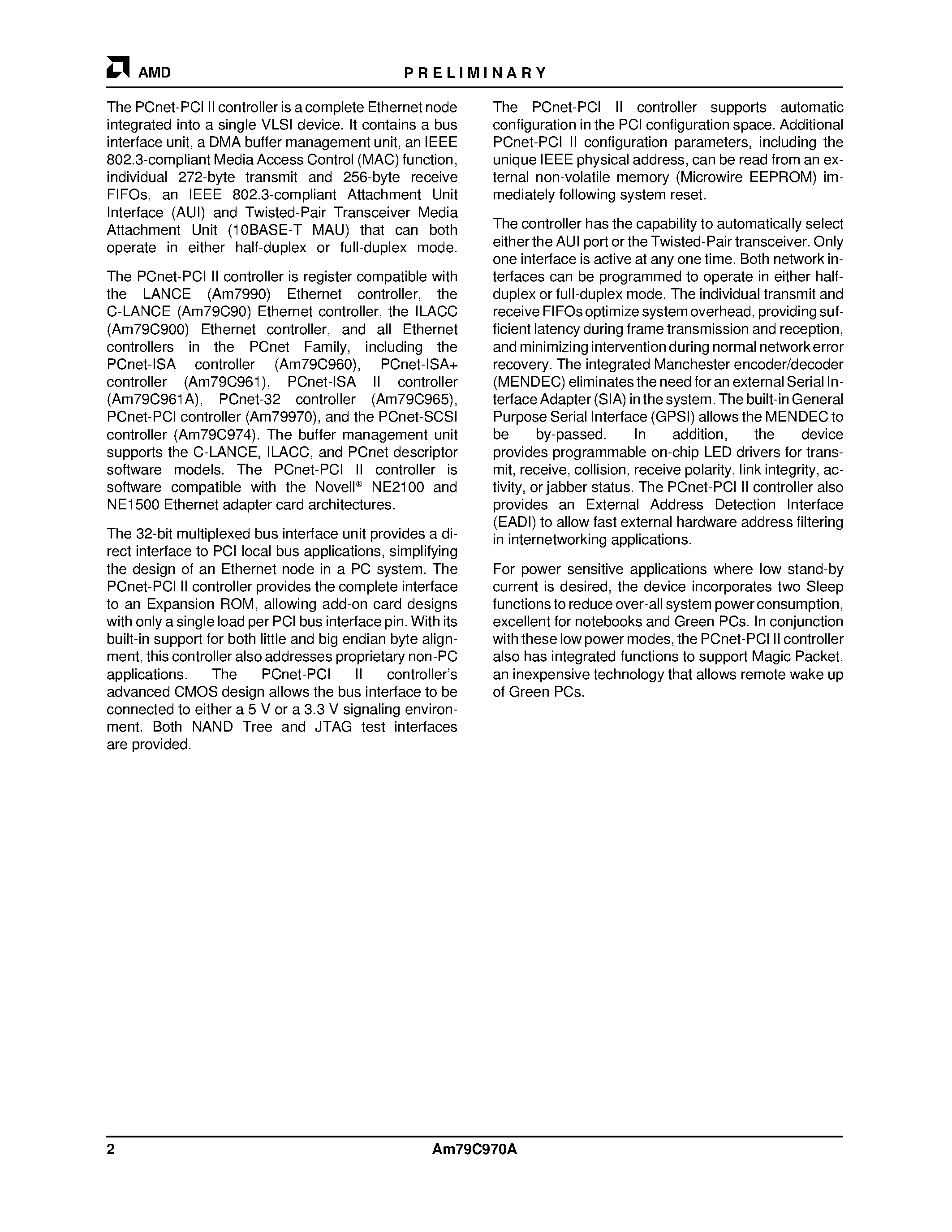 Datasheet AM79C970A page 2 Datasheet AM79C970A - PCnet-PCI II Single-Chip Full-Duplex Ethernet Controller for PCI Local Bus Product page 2