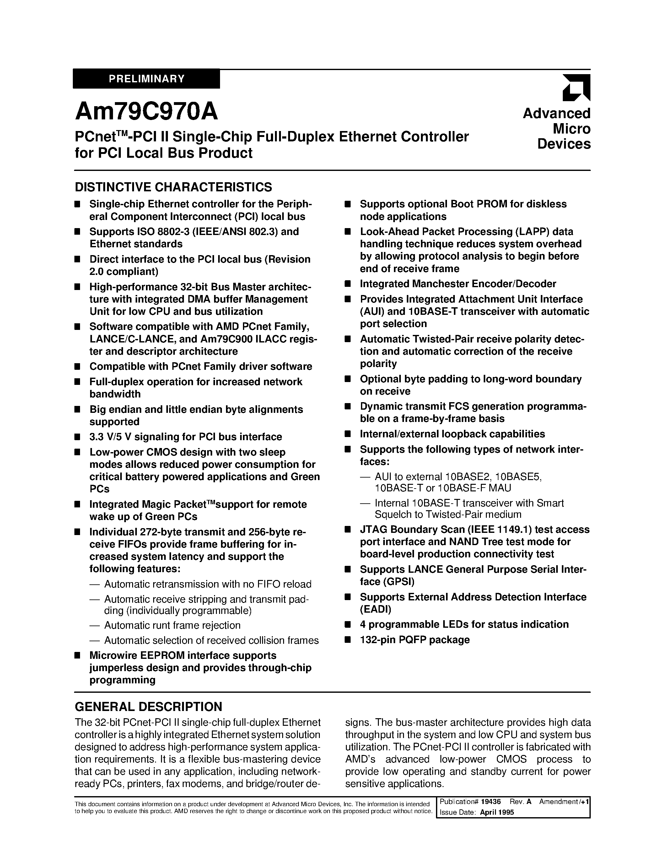 Datasheet AM79C970AVCW page 1 Datasheet AM79C970AVCW - PCnet-PCI II Single-Chip Full-Duplex Ethernet Controller for PCI Local Bus Product page 1