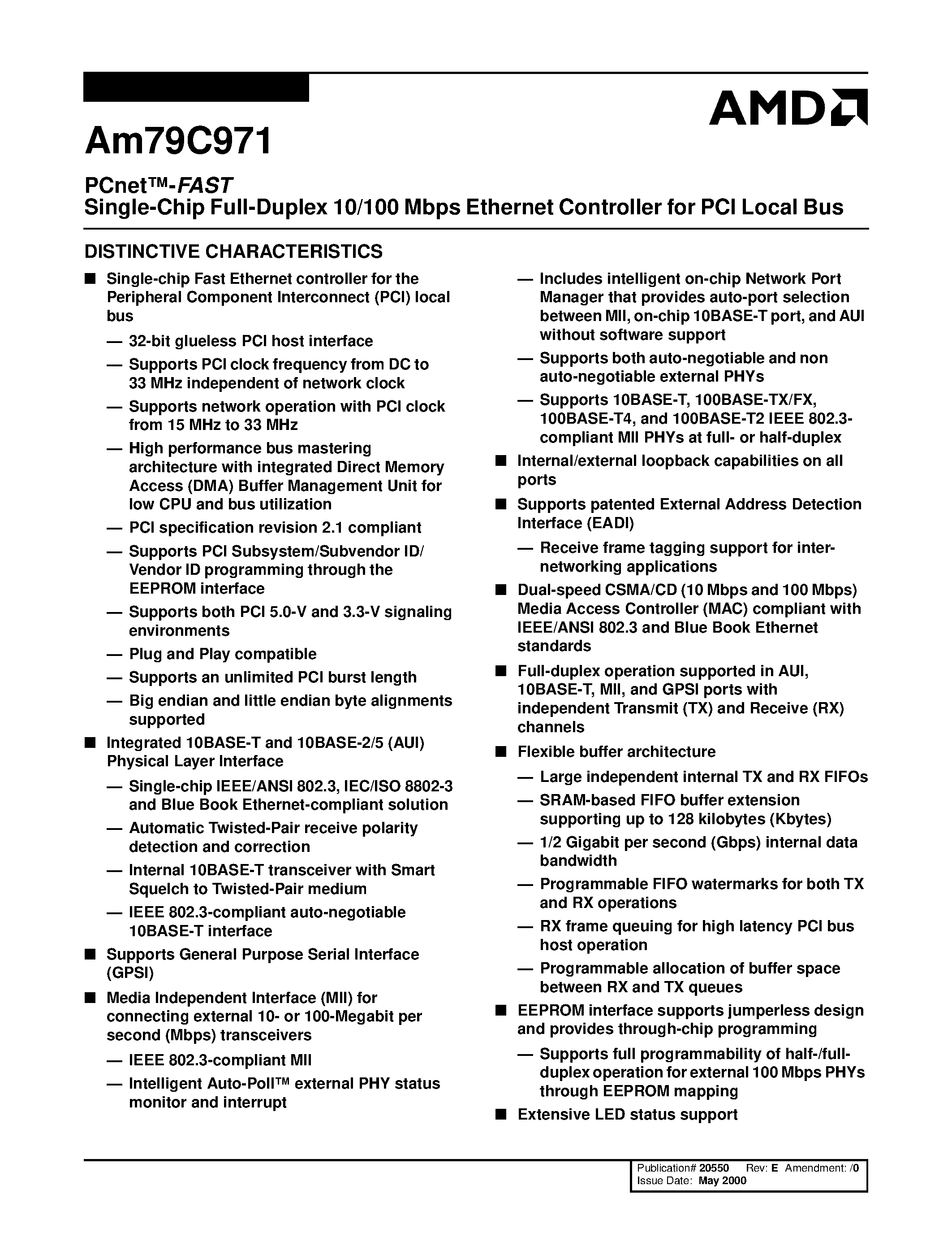 Даташит Am79C971KCW - PCnet-FAST Single-Chip Full-Duplex 10/100 Mbps Ethernet Controller for PCI Local Bus страница 1