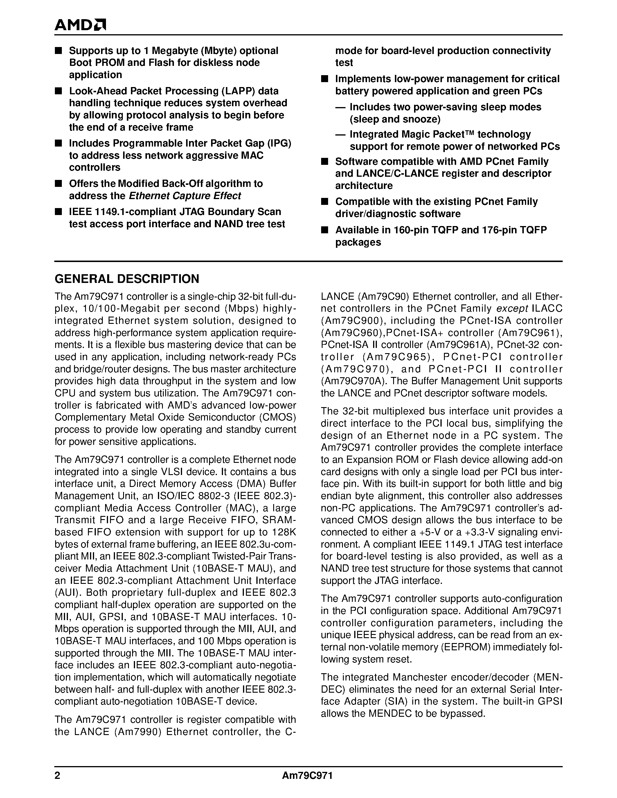 Datasheet Am79C971VCW page 2 Datasheet Am79C971VCW - PCnet-FAST Single-Chip Full-Duplex 10/100 Mbps Ethernet Controller for PCI Local Bus page 2