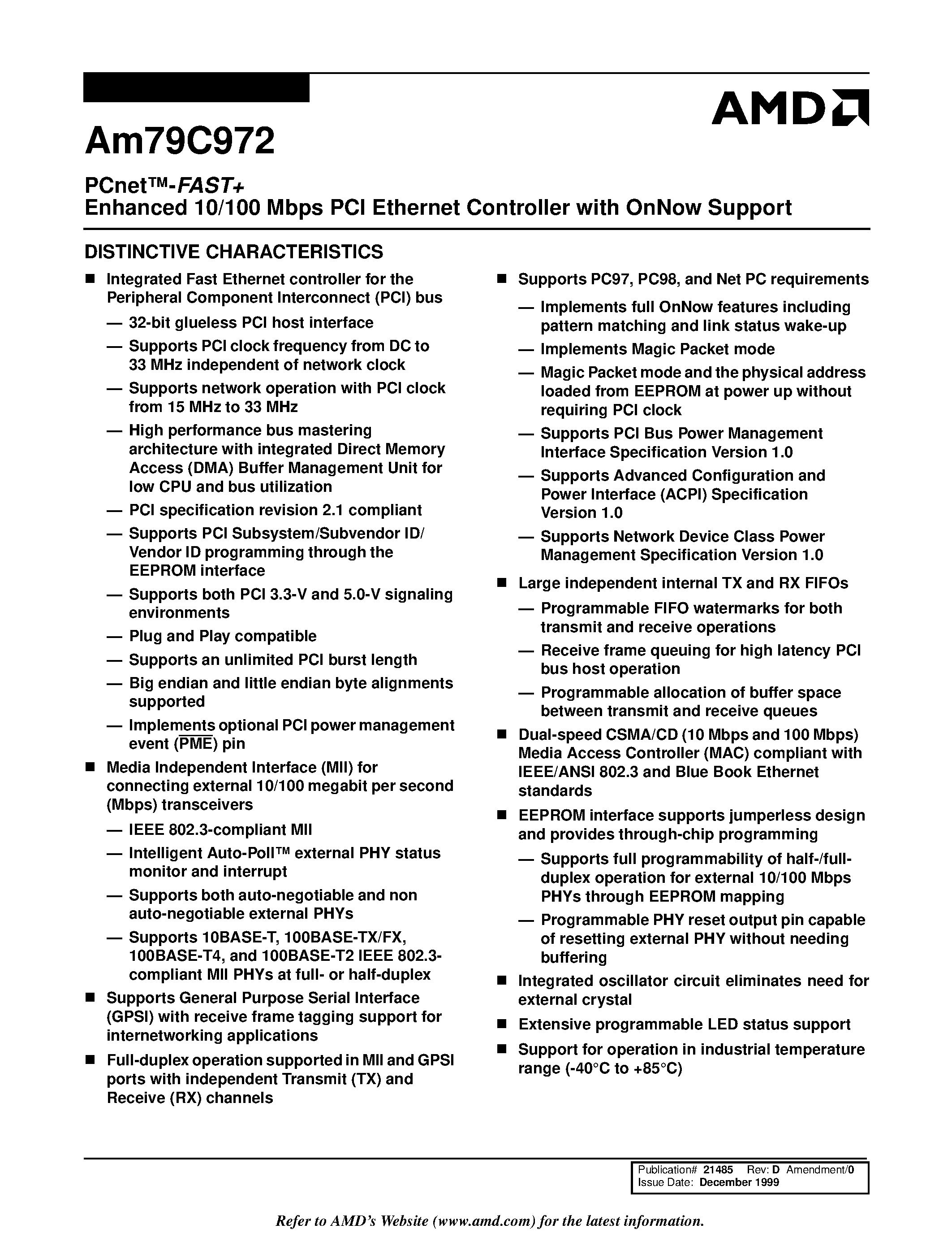 Datasheet AM79C972 page 1 Datasheet AM79C972 - PCnet-FAST+ Enhanced 10/100 Mbps PCI Ethernet Controller with OnNow Support page 1