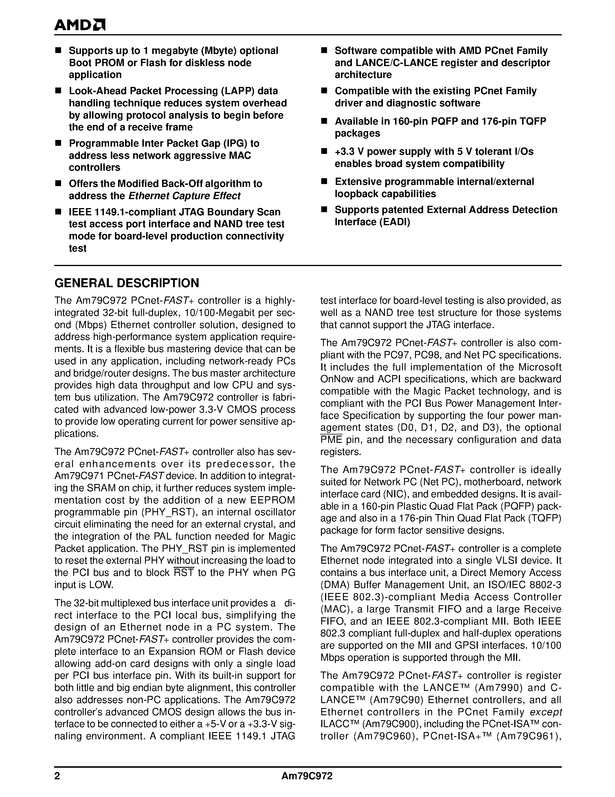 Datasheet Am79C972BVCW page 2 Datasheet Am79C972BVCW - PCnet-FAST+ Enhanced 10/100 Mbps PCI Ethernet Controller with OnNow Support page 2