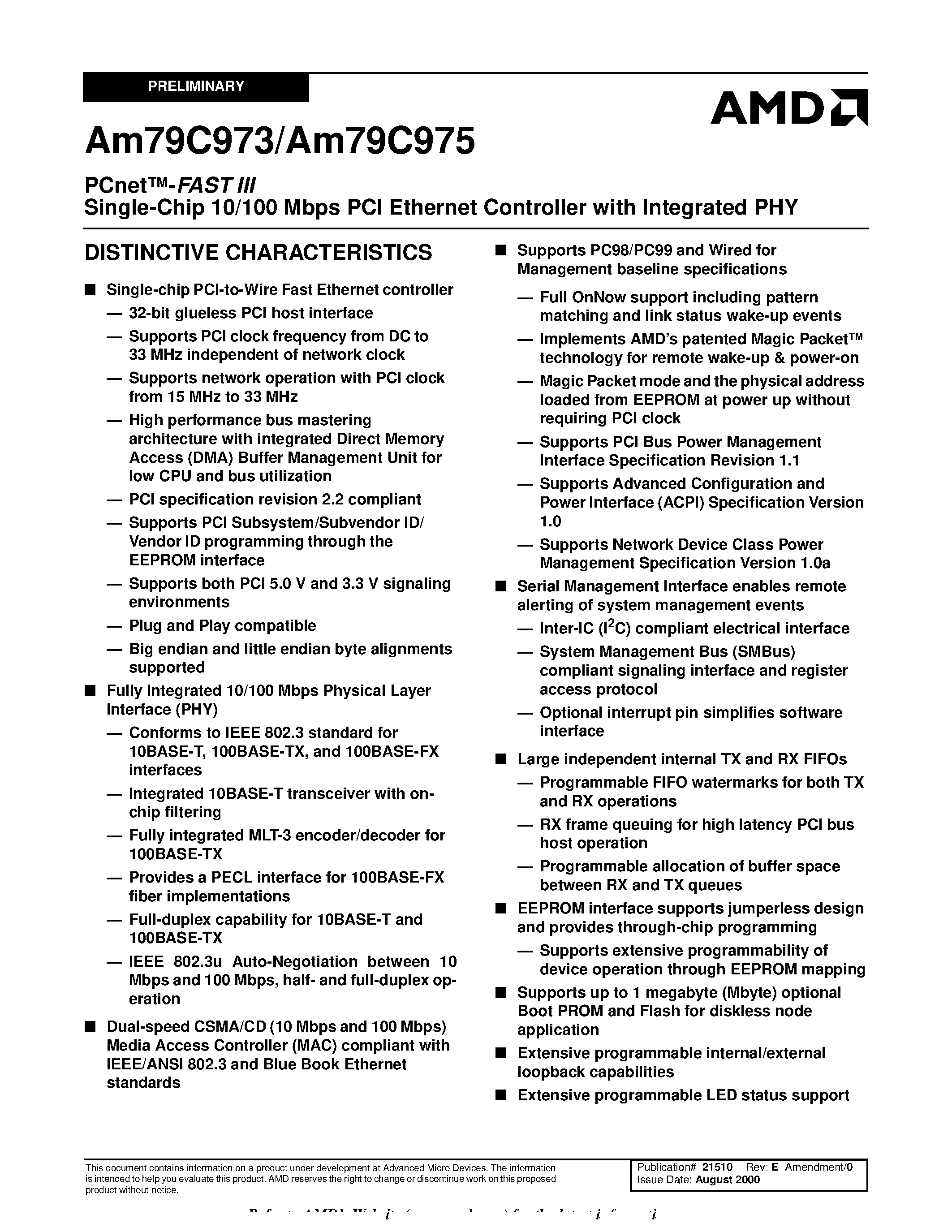 Datasheet AM79C973KCW page 1 Datasheet AM79C973KCW - PCnet-FAST III Single-Chip 10/100 Mbps PCI Ethernet Controller with Integrated PHY page 1