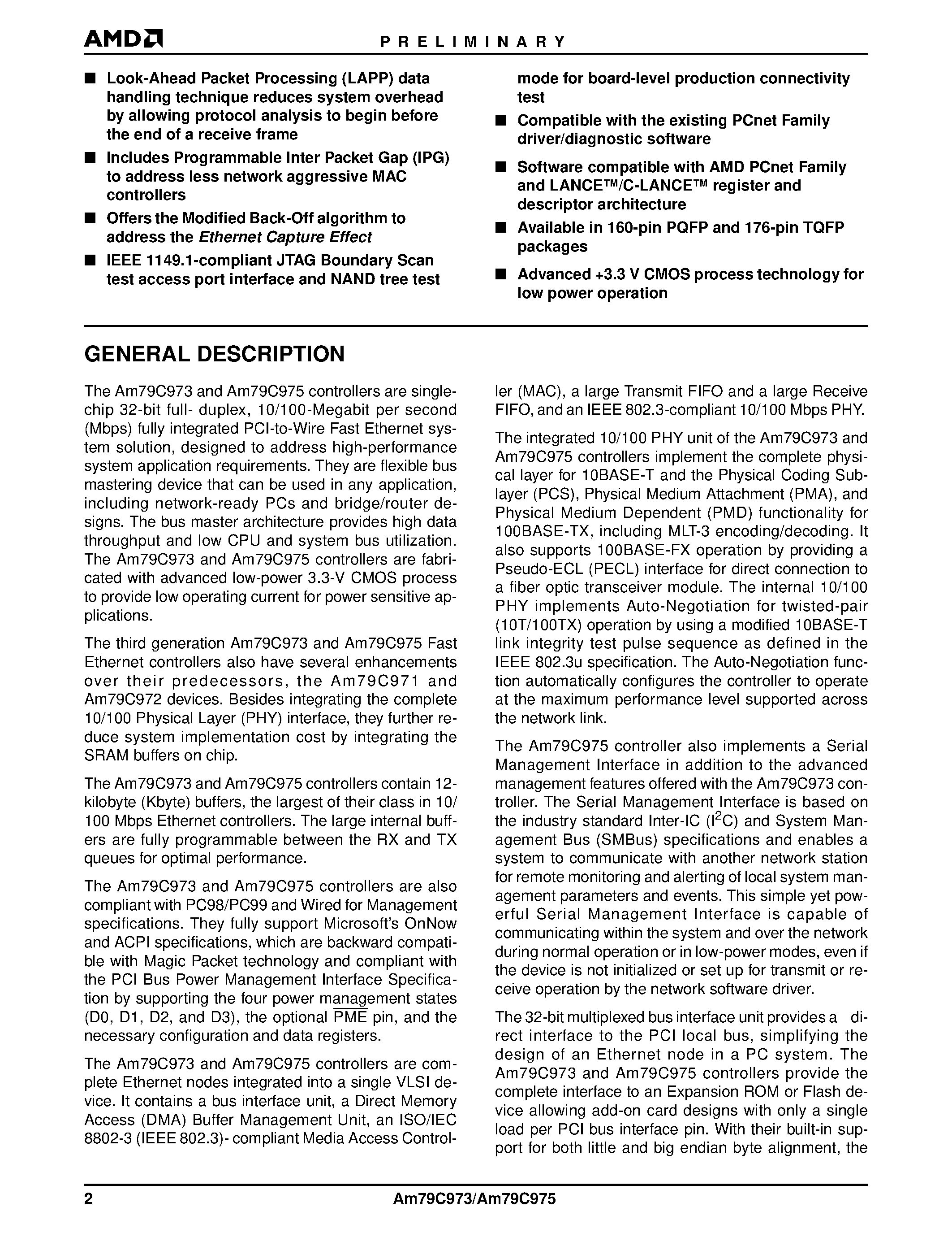 Datasheet AM79C973KCW page 2 Datasheet AM79C973KCW - PCnet-FAST III Single-Chip 10/100 Mbps PCI Ethernet Controller with Integrated PHY page 2