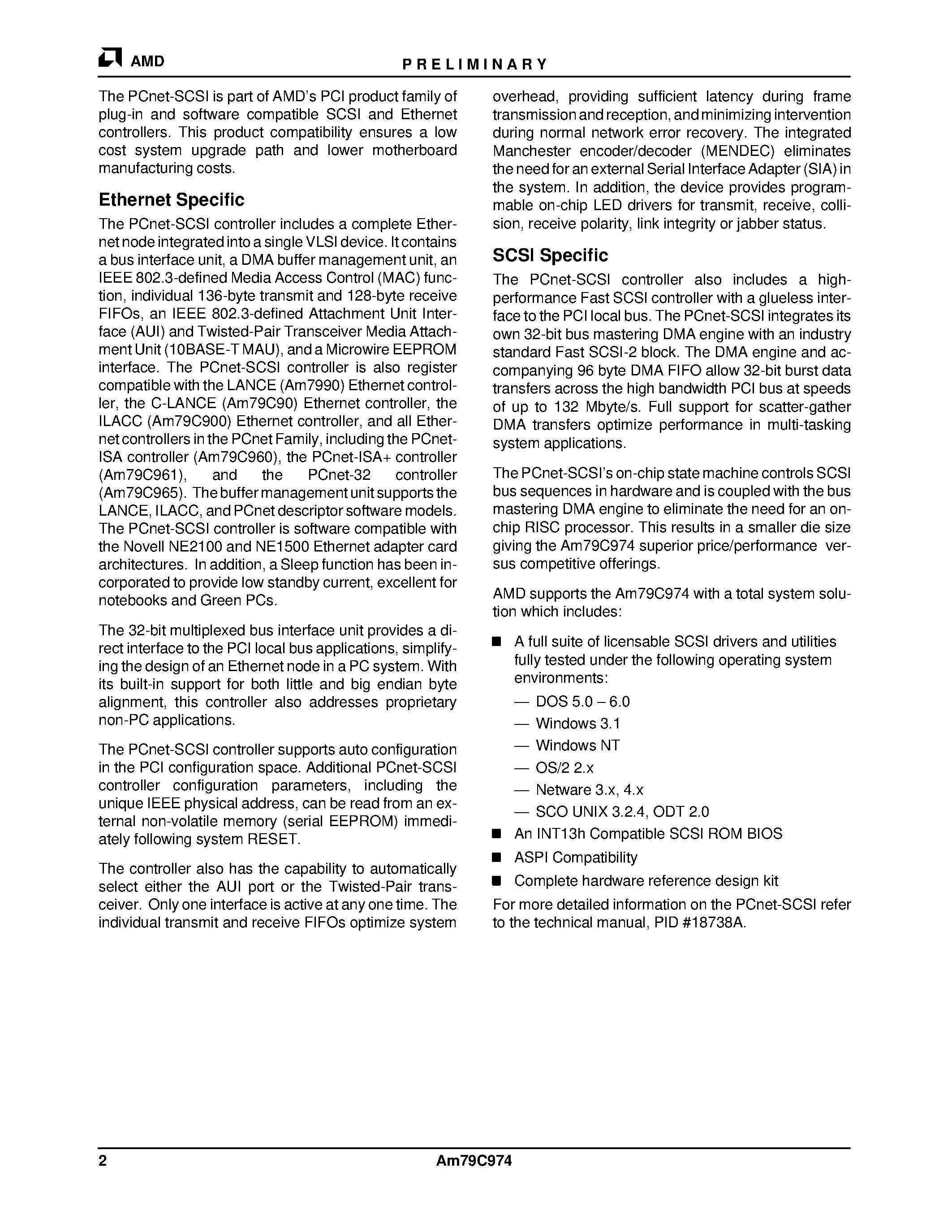 Datasheet AM79C974 page 2 Datasheet AM79C974 - PCnetTM-SCSI Combination Ethernet and SCSI Controller for PCI Systems page 2