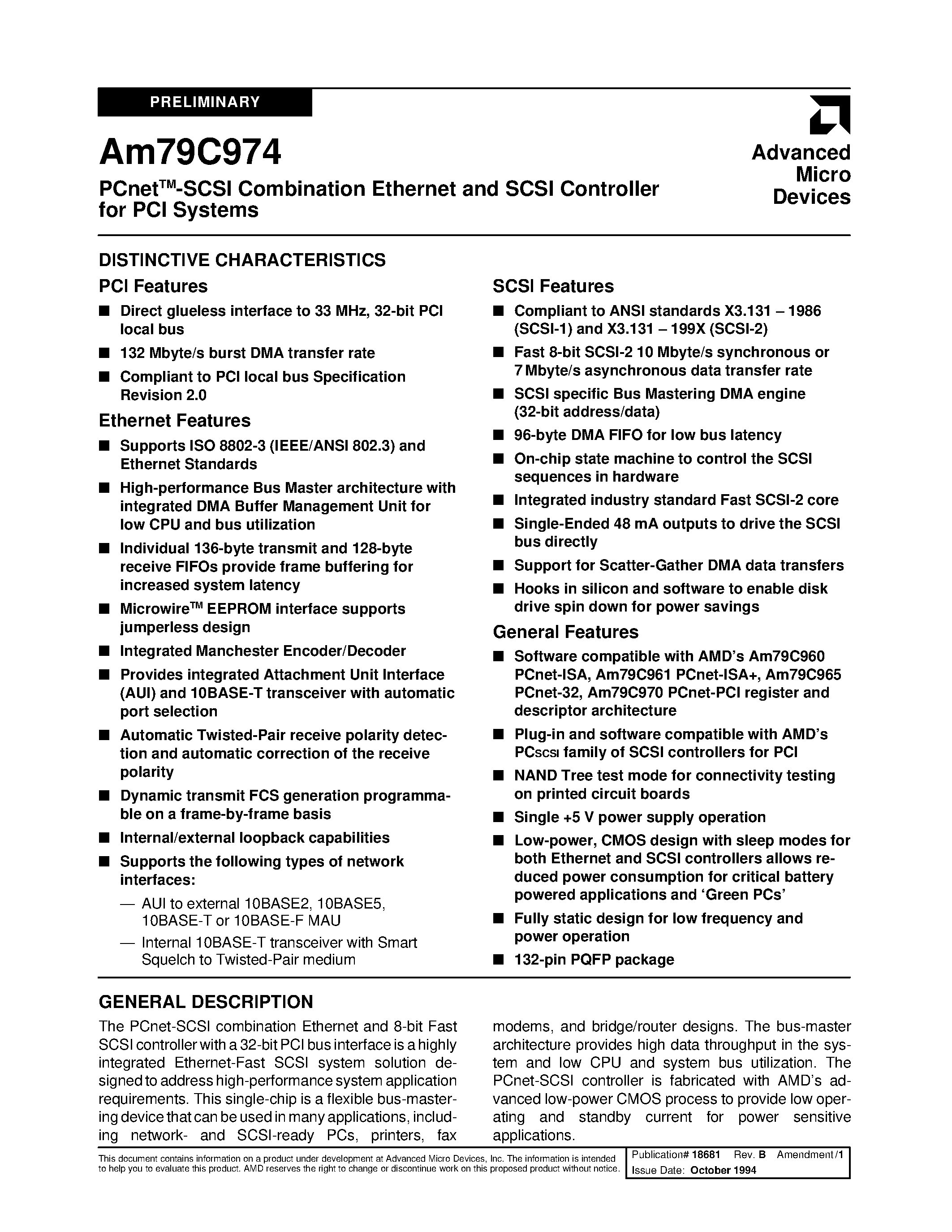 Datasheet AM79C974KCW page 1 Datasheet AM79C974KCW - PCnetTM-SCSI Combination Ethernet and SCSI Controller for PCI Systems page 1