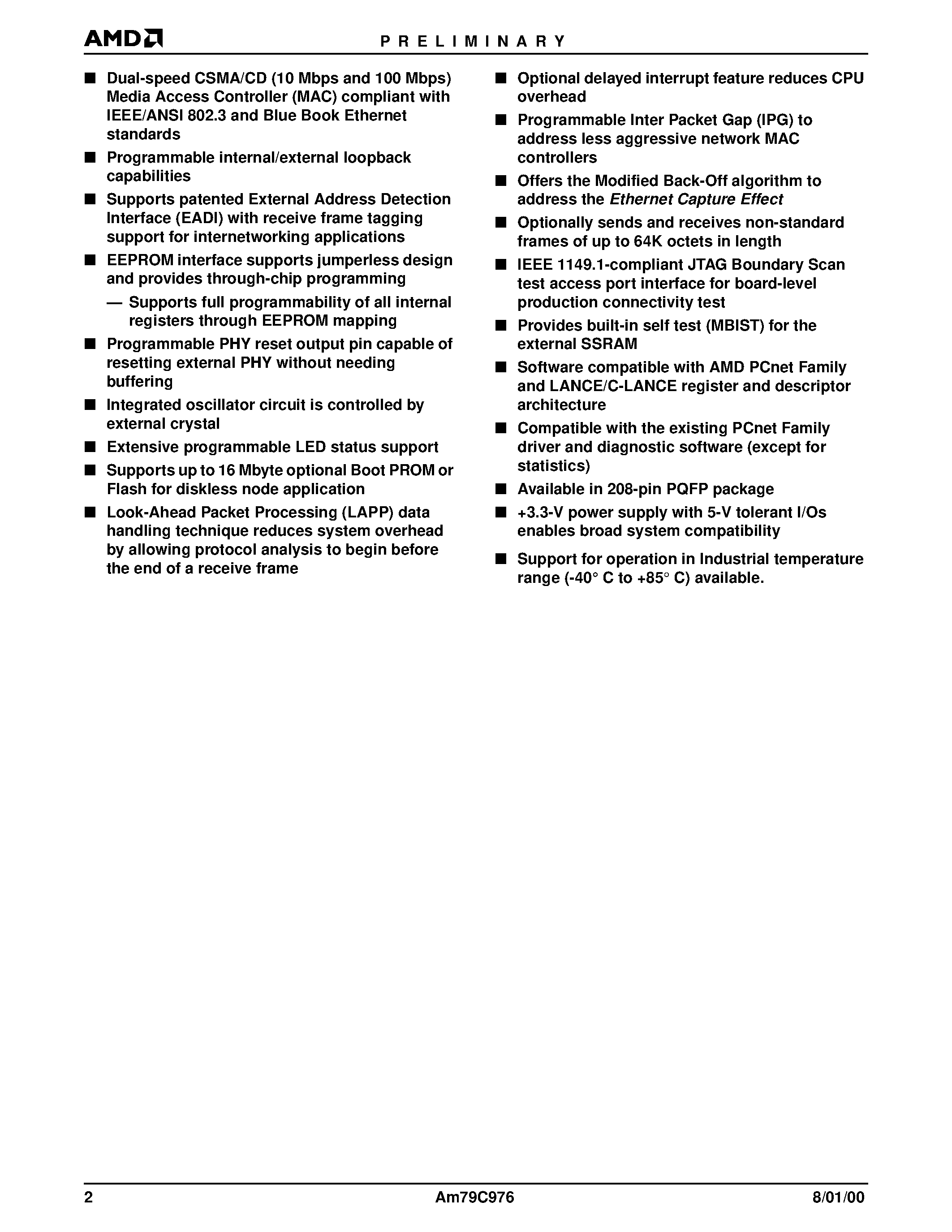 Даташит на микросхему AM79C976KIW страница 2 Даташит AM79C976KIW - PCnet-PRO 10/100 Mbps PCI Ethernet Controller страница 2