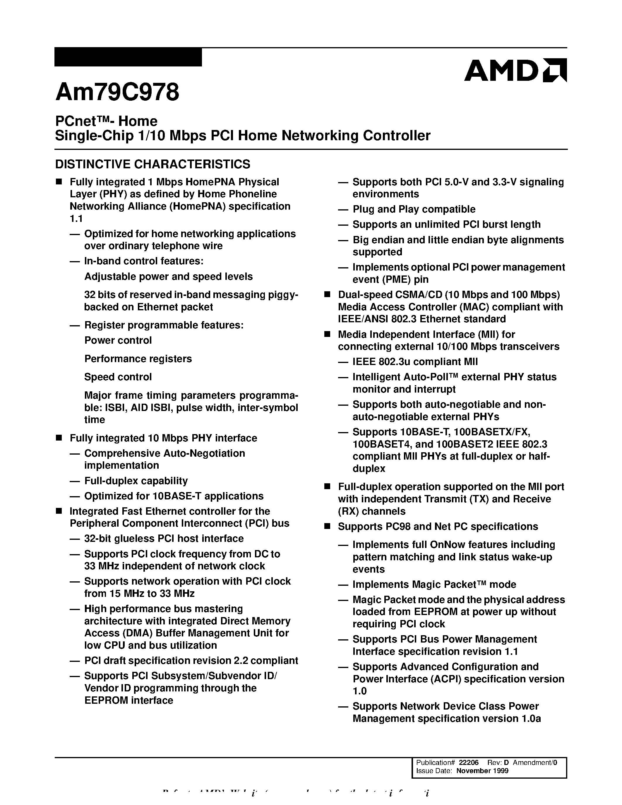Datasheet AM79C978 - Single-Chip 1/10 Mbps PCI Home Networking Controller page 1