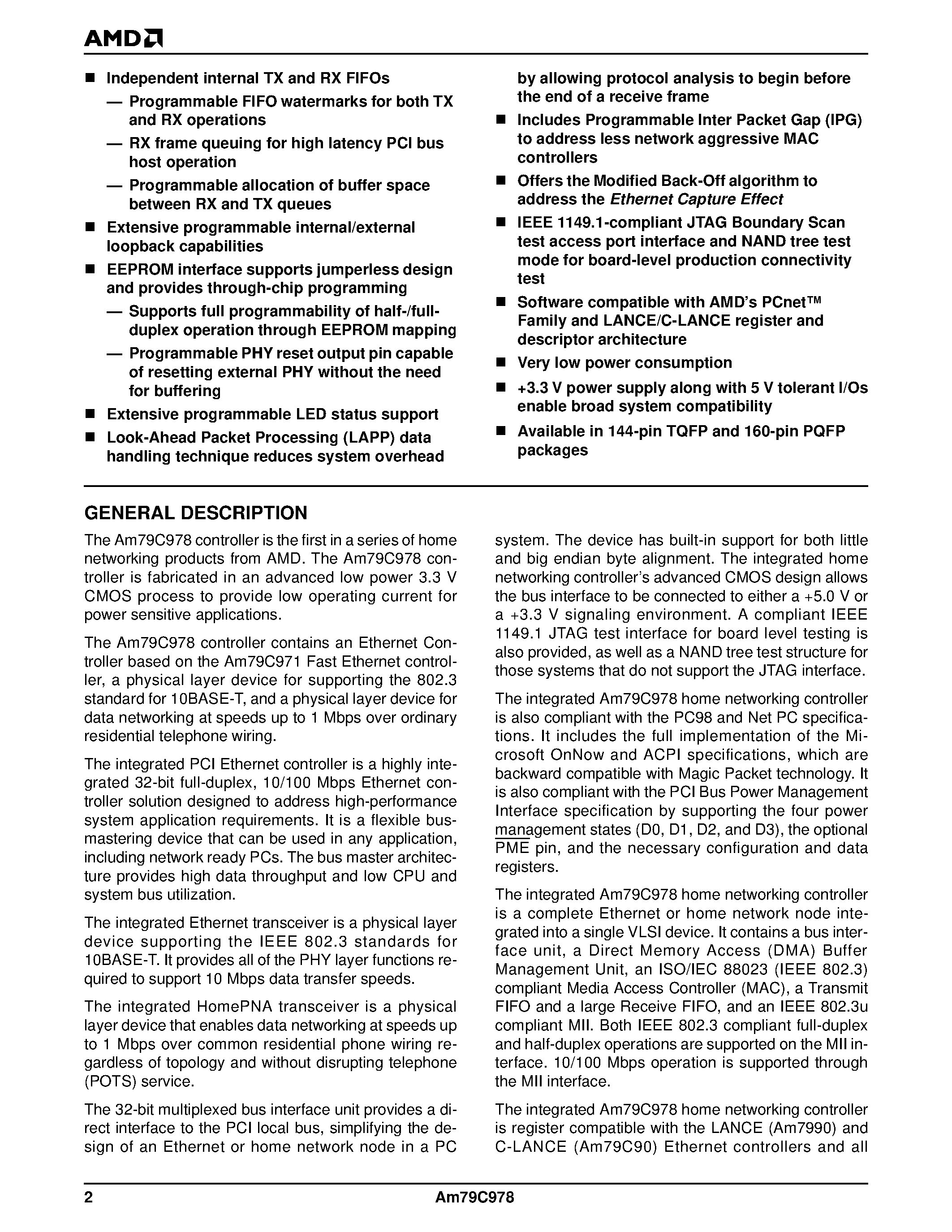 Даташит на микросхему Am79C978VC/W страница 2 Даташит Am79C978VC/W - Single-Chip 1/10 Mbps PCI Home Networking Controller страница 2