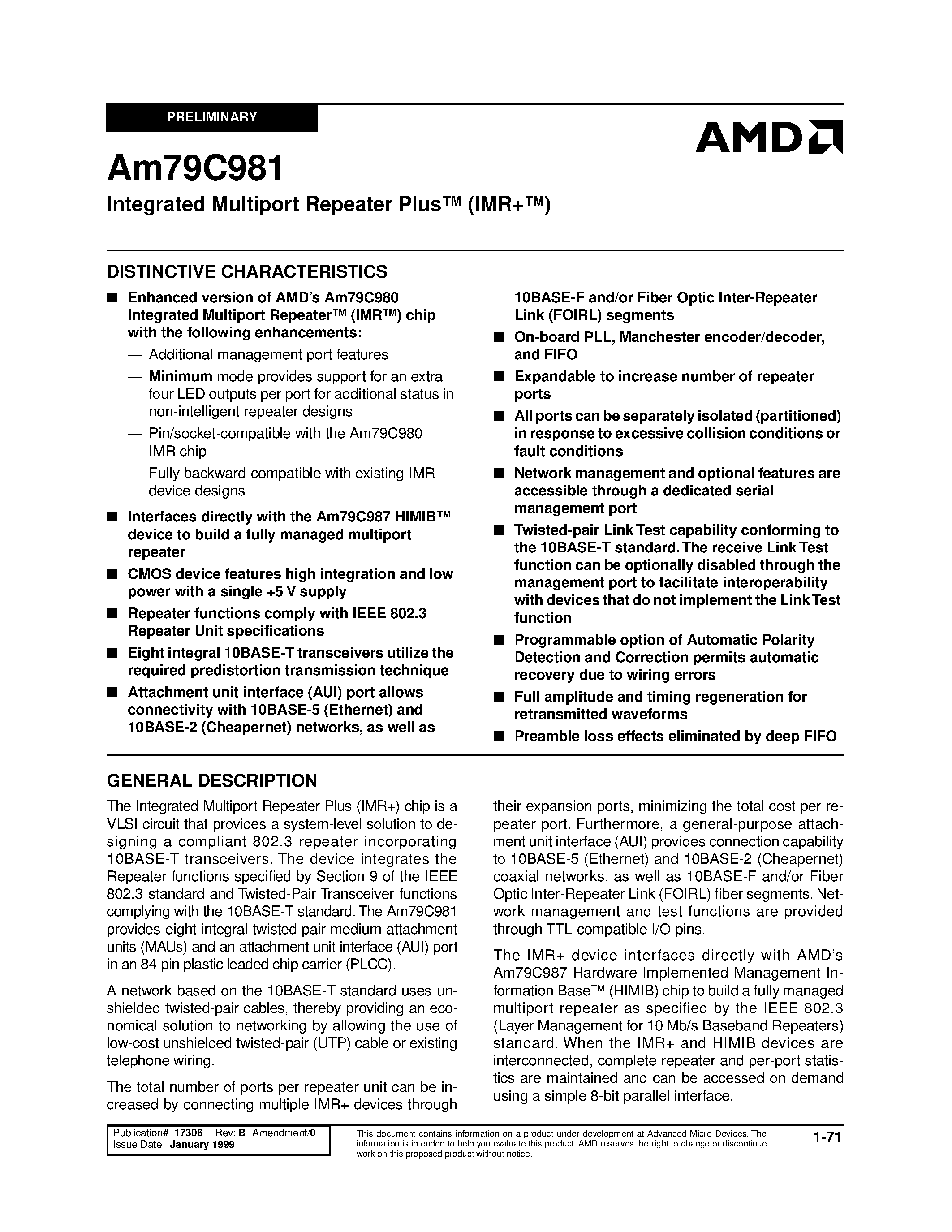 Datasheet AM79C981 - Integrated Multiport Repeater Plus (IMR+) page 1