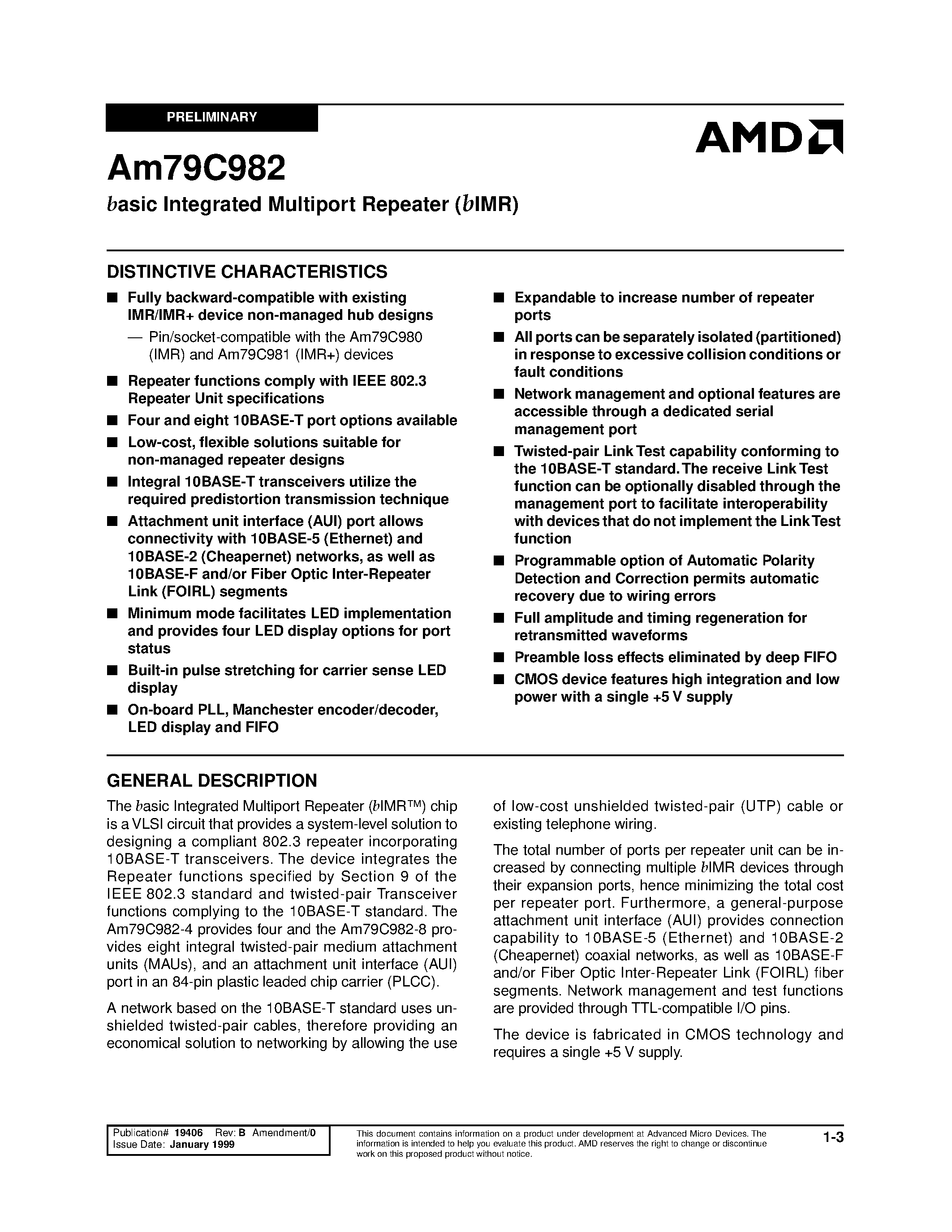 Datasheet Am79C982-4JC - basic Integrated Multiport Repeater (bIMR) page 1