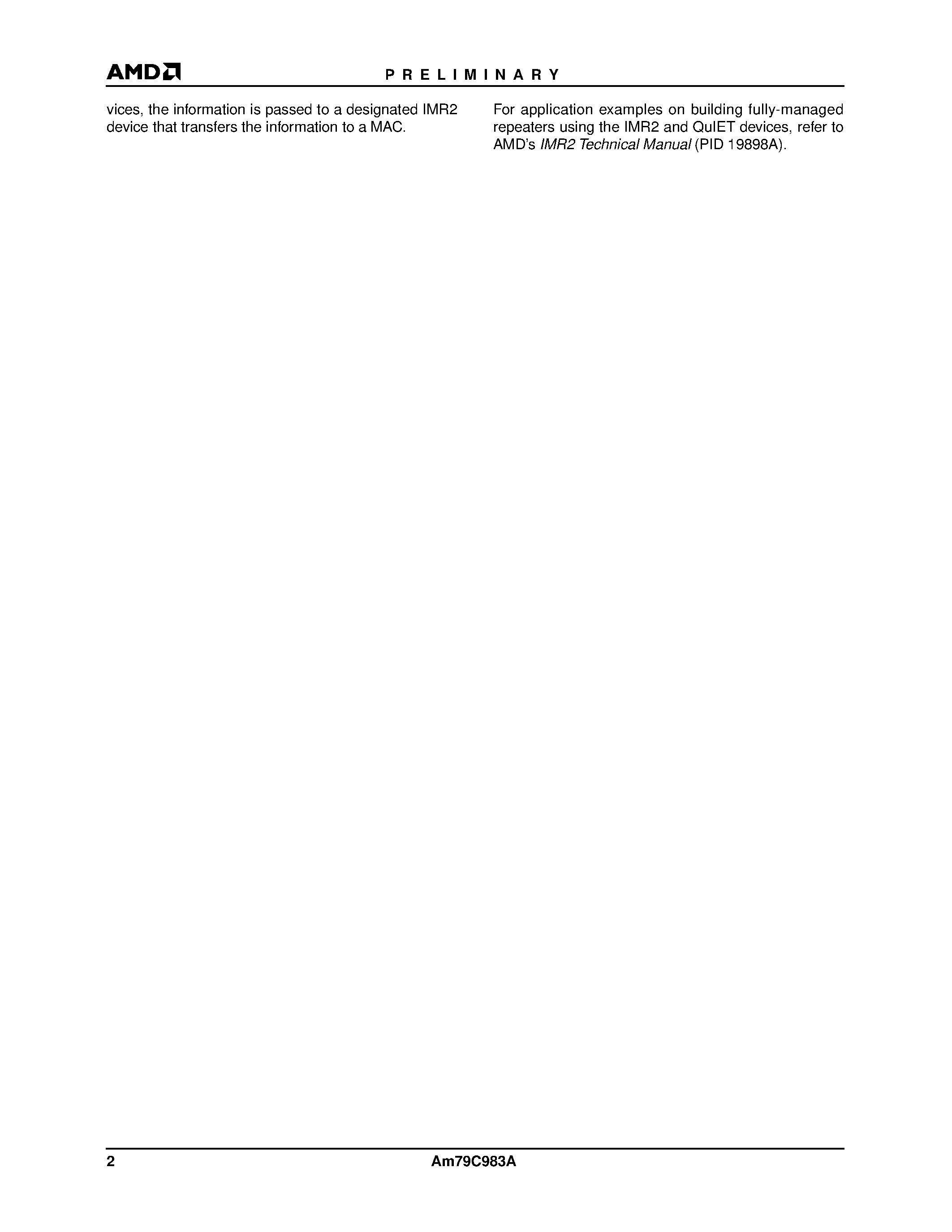 Datasheet AM79C983A page 2 Datasheet AM79C983A - Integrated Multiport Repeater 2 (IMR2) page 2