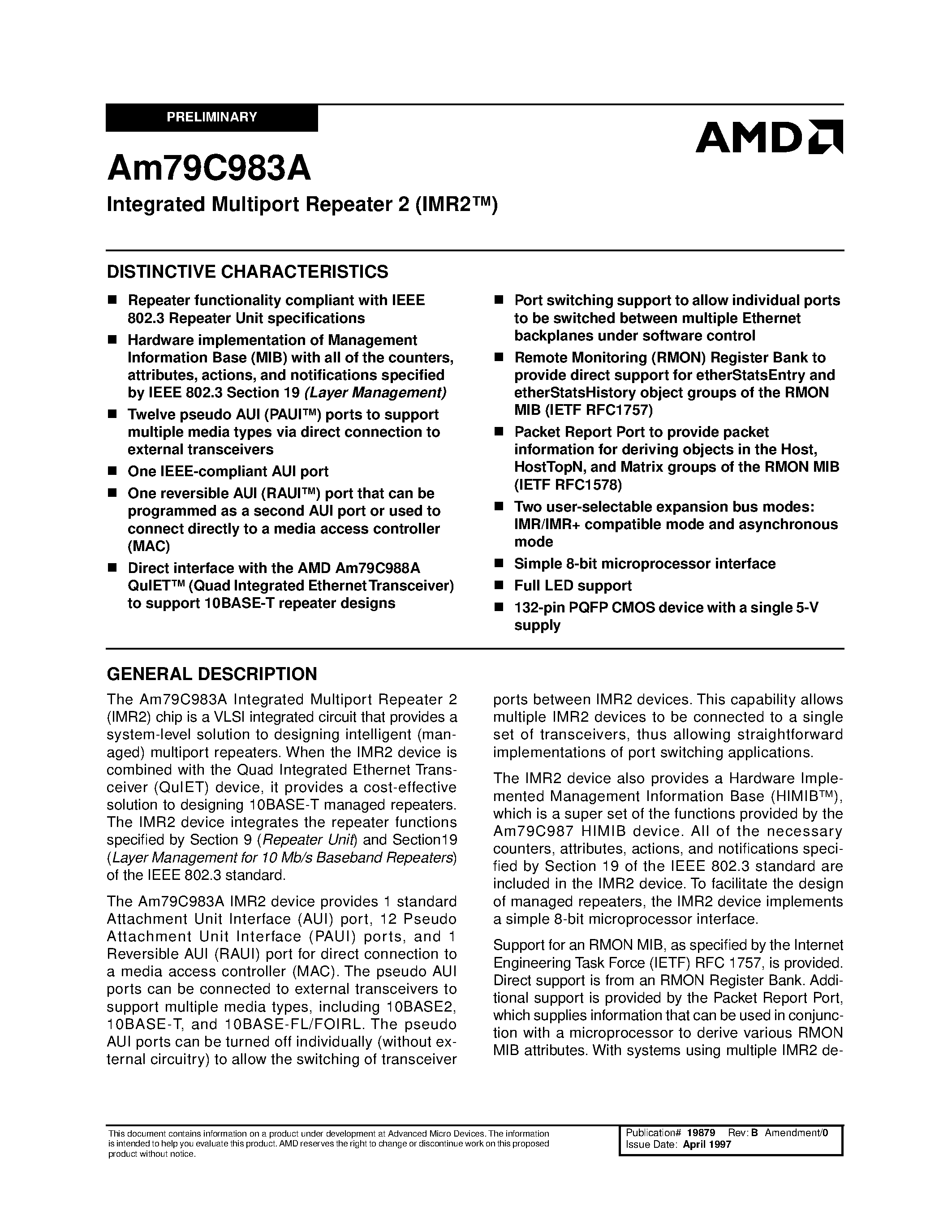 Datasheet Am79C983AKC page 1 Datasheet Am79C983AKC - Integrated Multiport Repeater 2 (IMR2) page 1