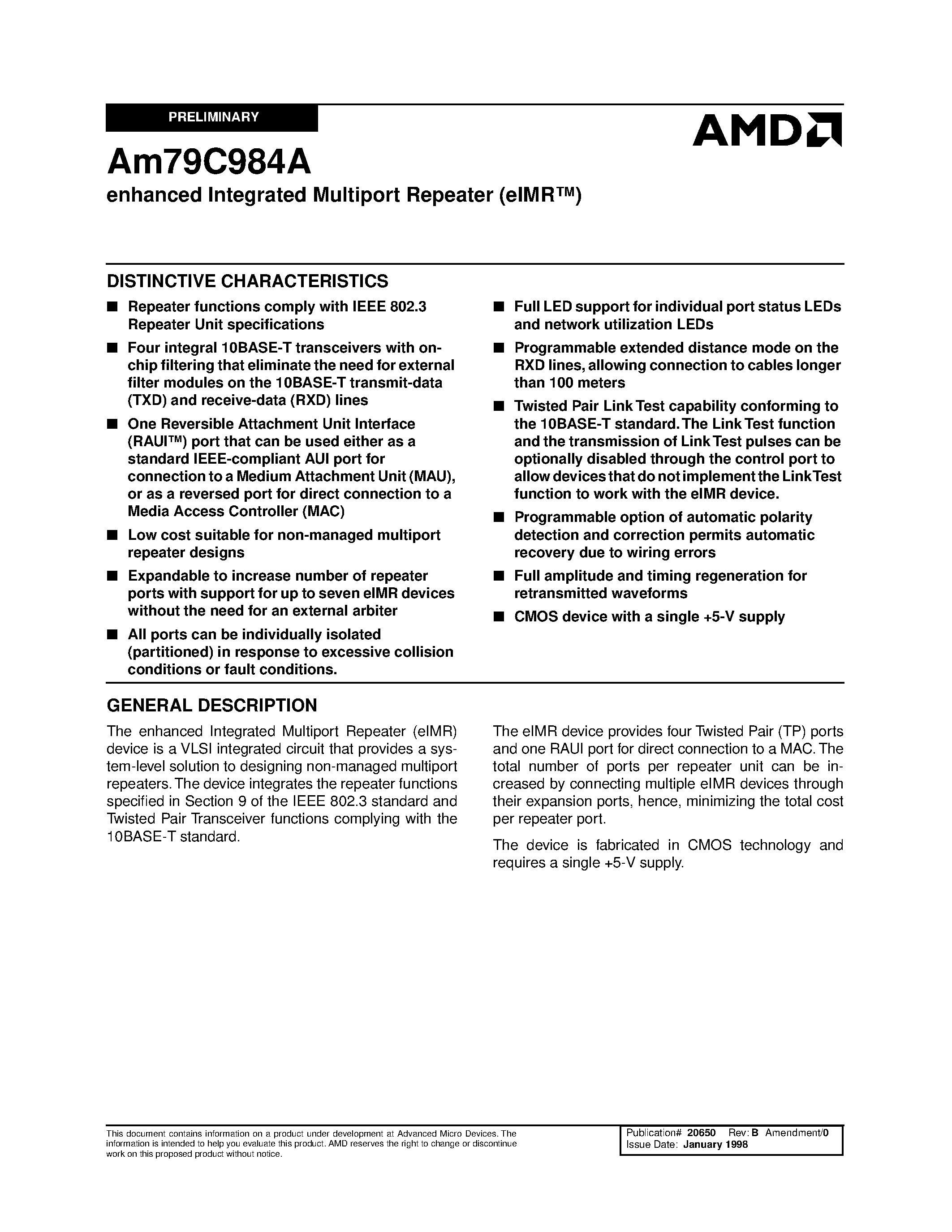 Datasheet Am79C984AJC page 1 Datasheet Am79C984AJC - enhanced Integrated Multiport Repeater (eIMR) page 1