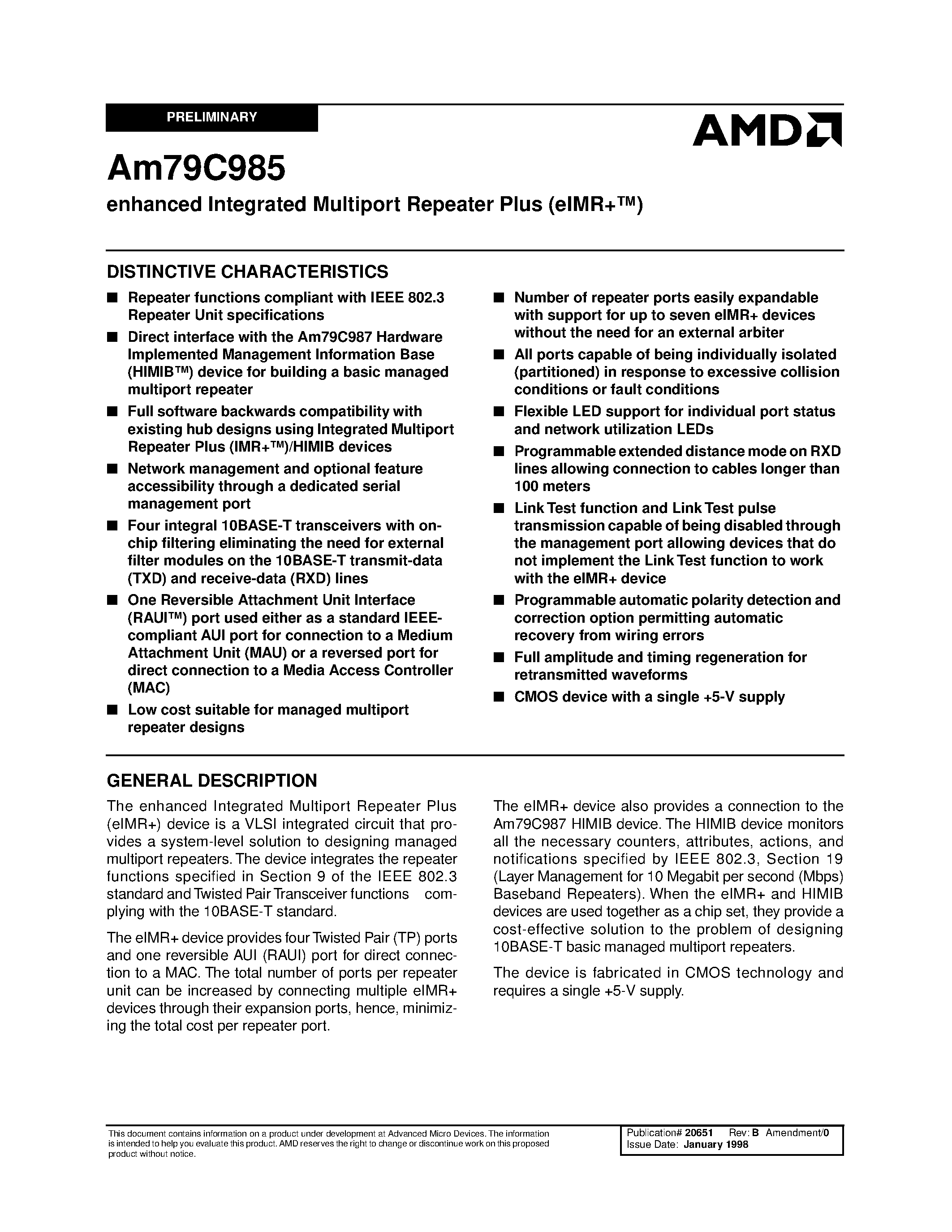 Datasheet AM79C985 page 1 Datasheet AM79C985 - enhanced Integrated Multiport Repeater Plus (eIMR+) page 1
