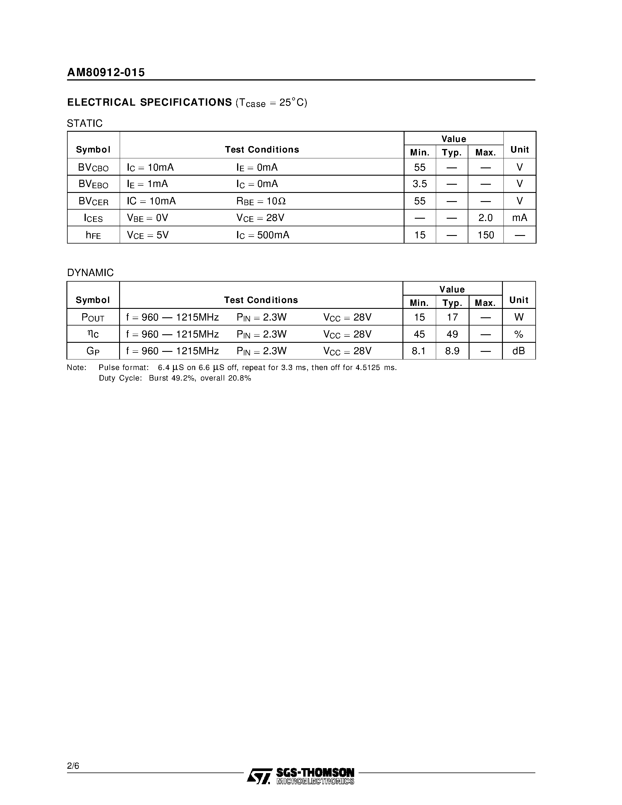 Datasheet AM80912-015 page 2 Datasheet AM80912-015 - AVIONICS APPLICATIONS RF & MICROWAVE TRANSISTORS page 2