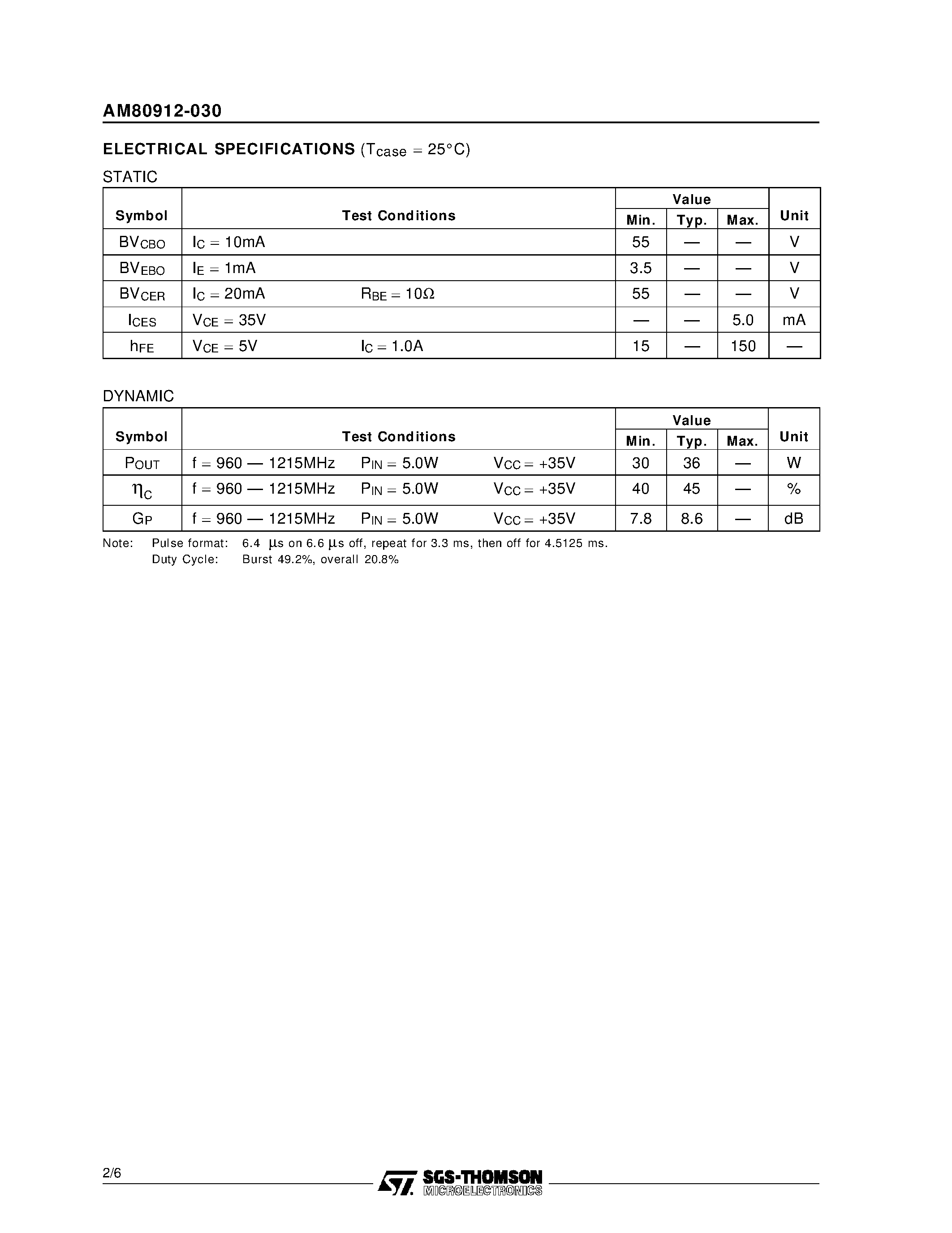 Datasheet AM80912-030 page 2 Datasheet AM80912-030 - AVIONICS APPLICATIONS RF & MICROWAVE TRANSISTORS page 2