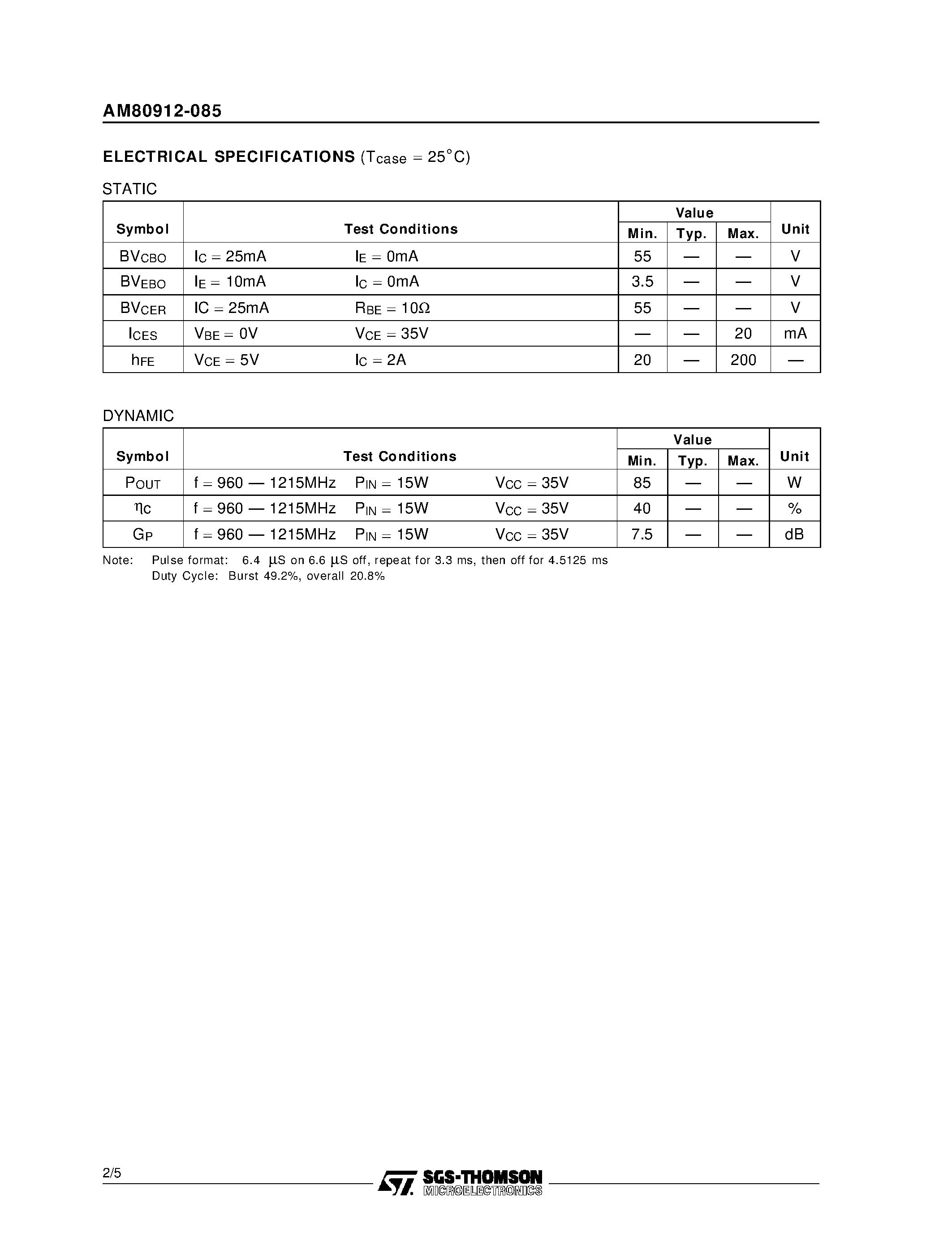 Datasheet AM80912-085 page 2 Datasheet AM80912-085 - AVIONICS APPLICATIONS RF & MICROWAVE TRANSISTORS page 2