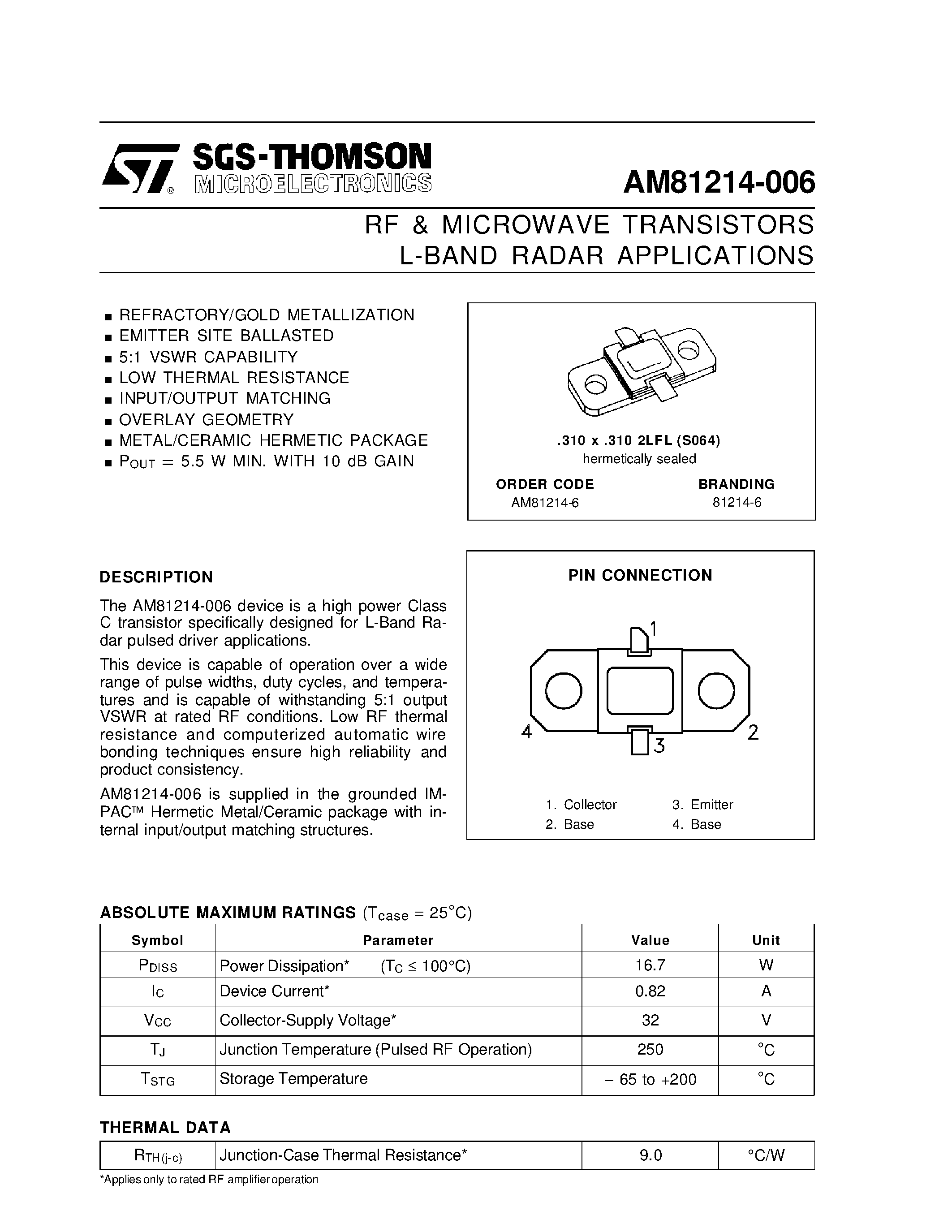 Datasheet AM81214-006 page 1 Datasheet AM81214-006 - RF & MICROWAVE TRANSISTORS L-BAND RADAR APPLICATIONS page 1