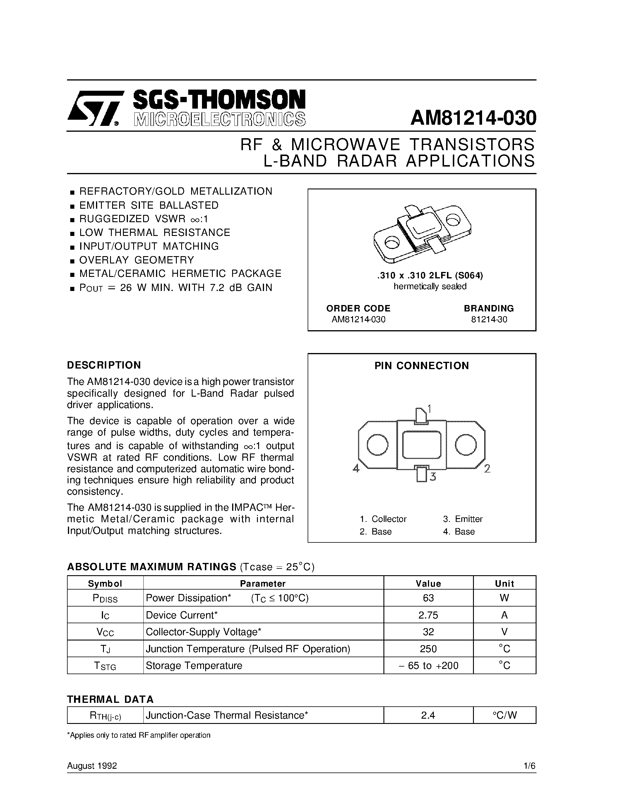 Datasheet AM81214-030 page 1 Datasheet AM81214-030 - L-BAND RADAR APPLICATIONS RF & MICROWAVE TRANSISTORS page 1