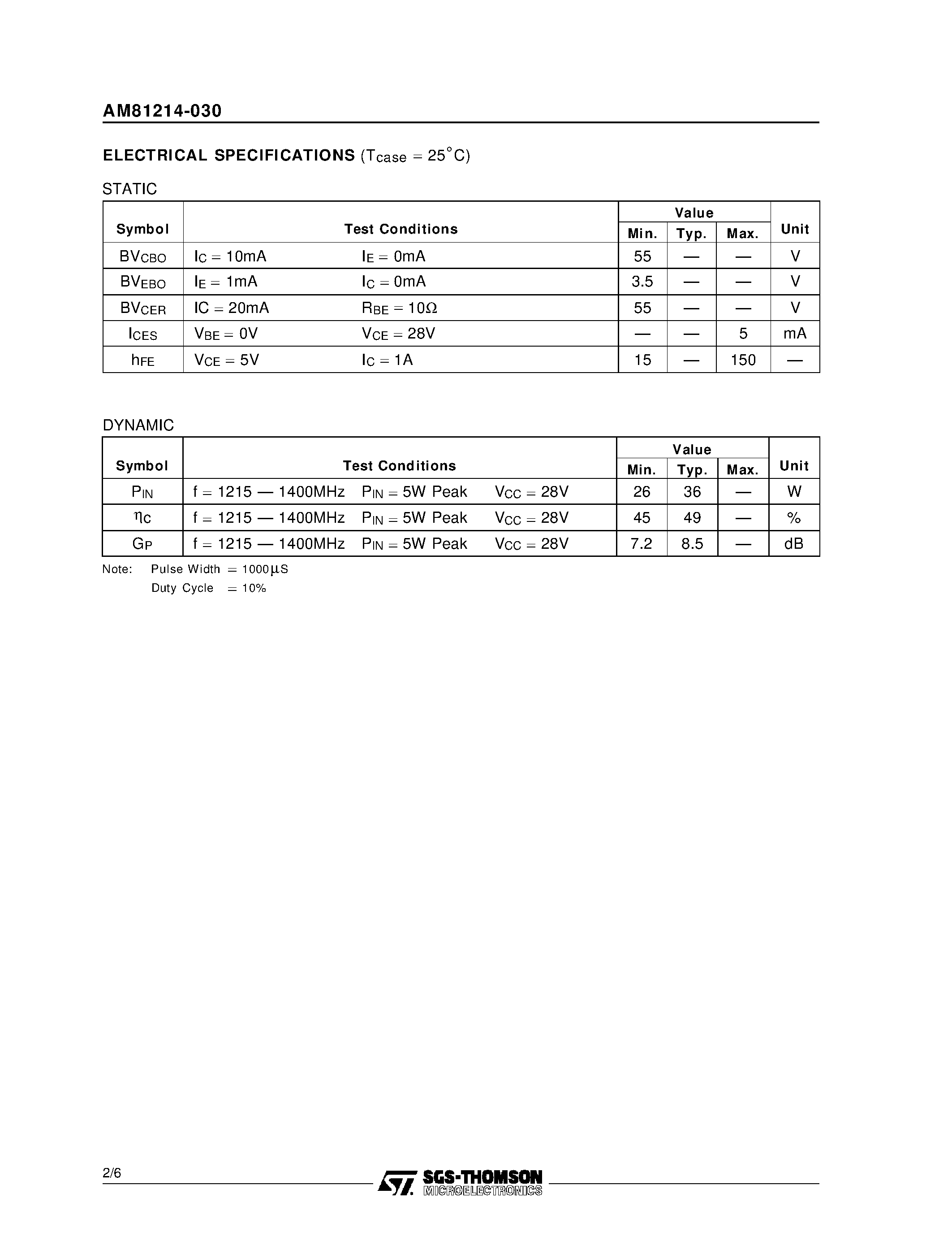 Datasheet AM81214-030 page 2 Datasheet AM81214-030 - L-BAND RADAR APPLICATIONS RF & MICROWAVE TRANSISTORS page 2