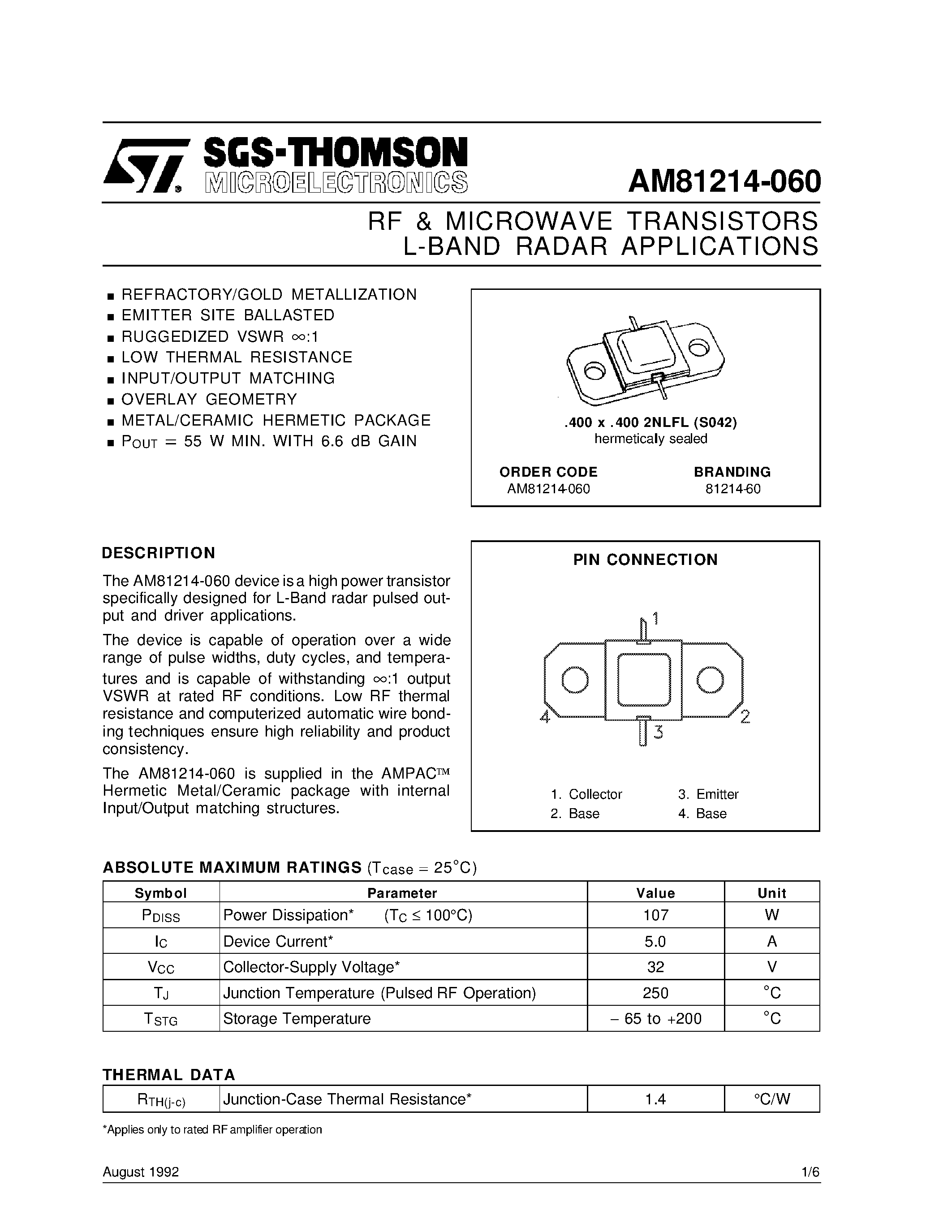 Datasheet AM81214-060 page 1 Datasheet AM81214-060 - L-BAND RADAR APPLICATIONS RF & MICROWAVE TRANSISTORS page 1