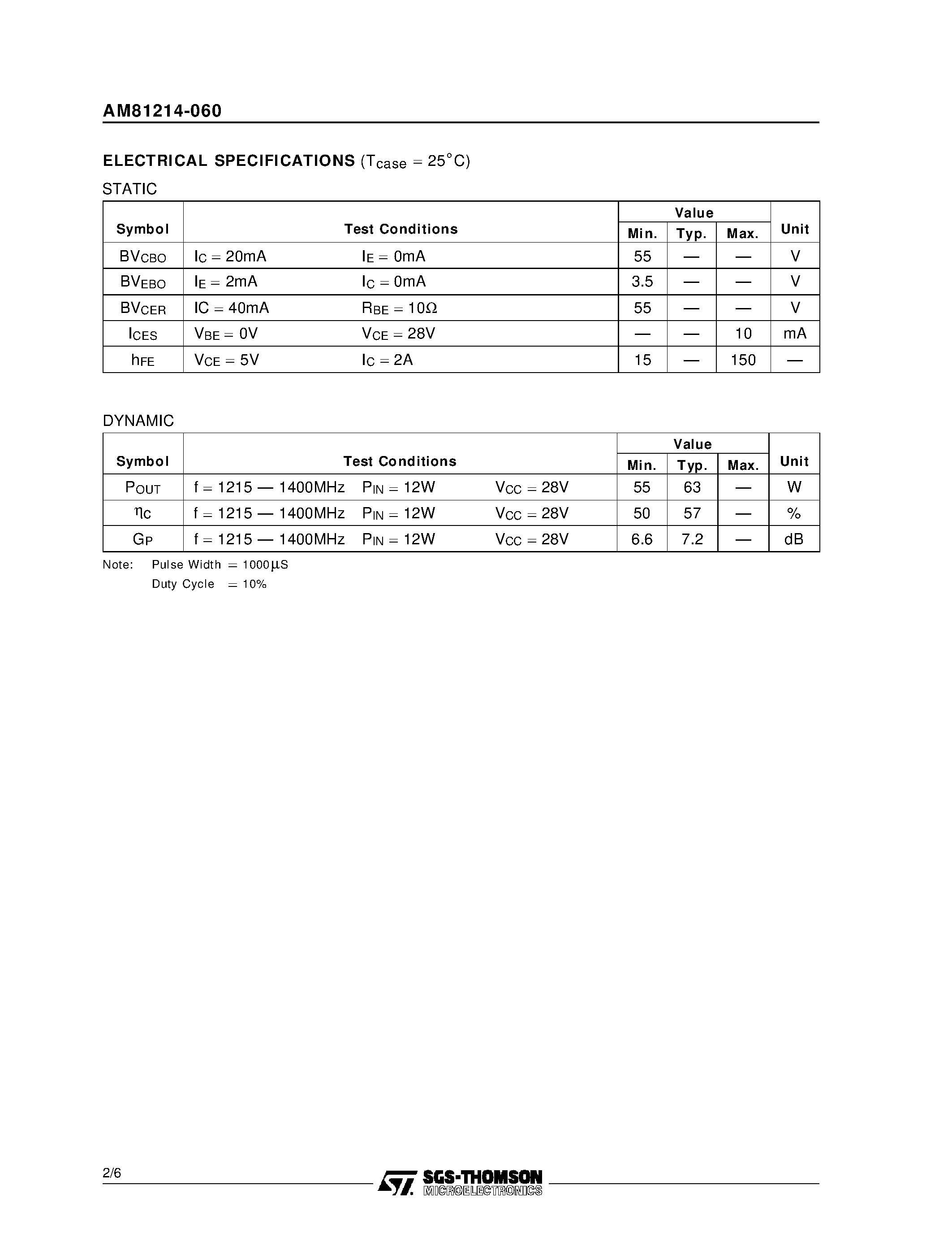 Datasheet AM81214-060 page 2 Datasheet AM81214-060 - L-BAND RADAR APPLICATIONS RF & MICROWAVE TRANSISTORS page 2