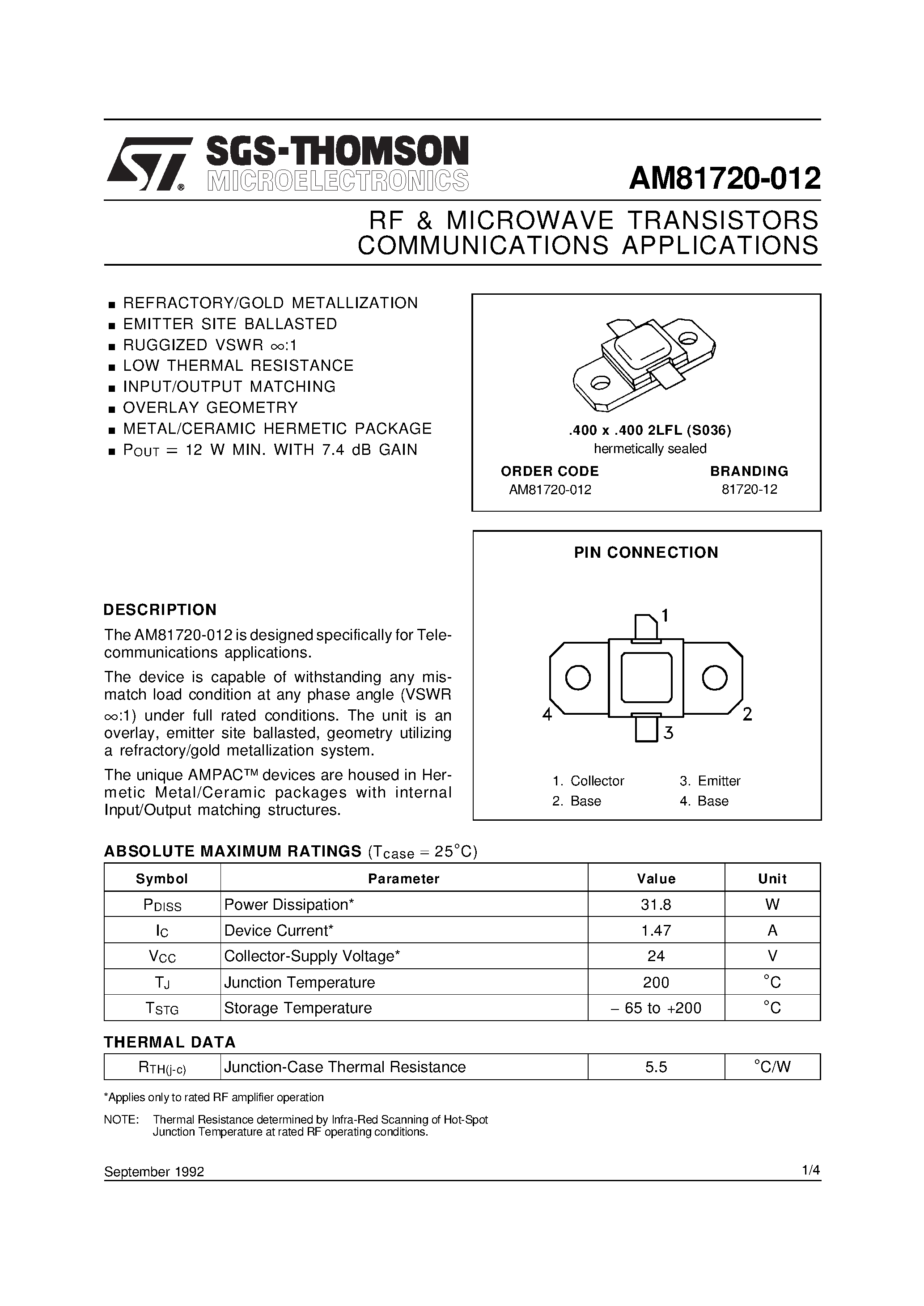 Даташит AM81720-012 - COMMUNICATIONS APPLICATIONS RF & MICROWAVE TRANSISTORS страница 1