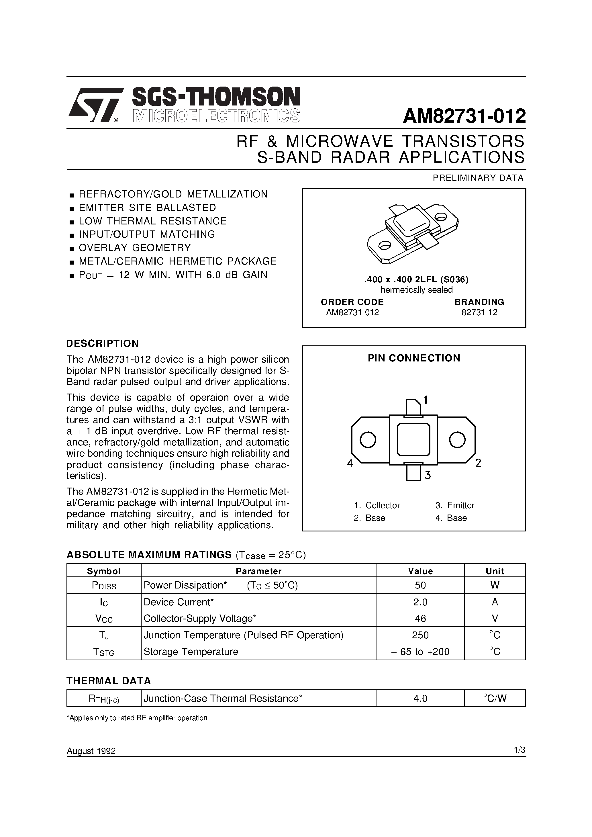 Даташит AM82731-012 - RF & MICROWAVE TRANSISTORS S-BAND RADAR APPLICATIONS страница 1