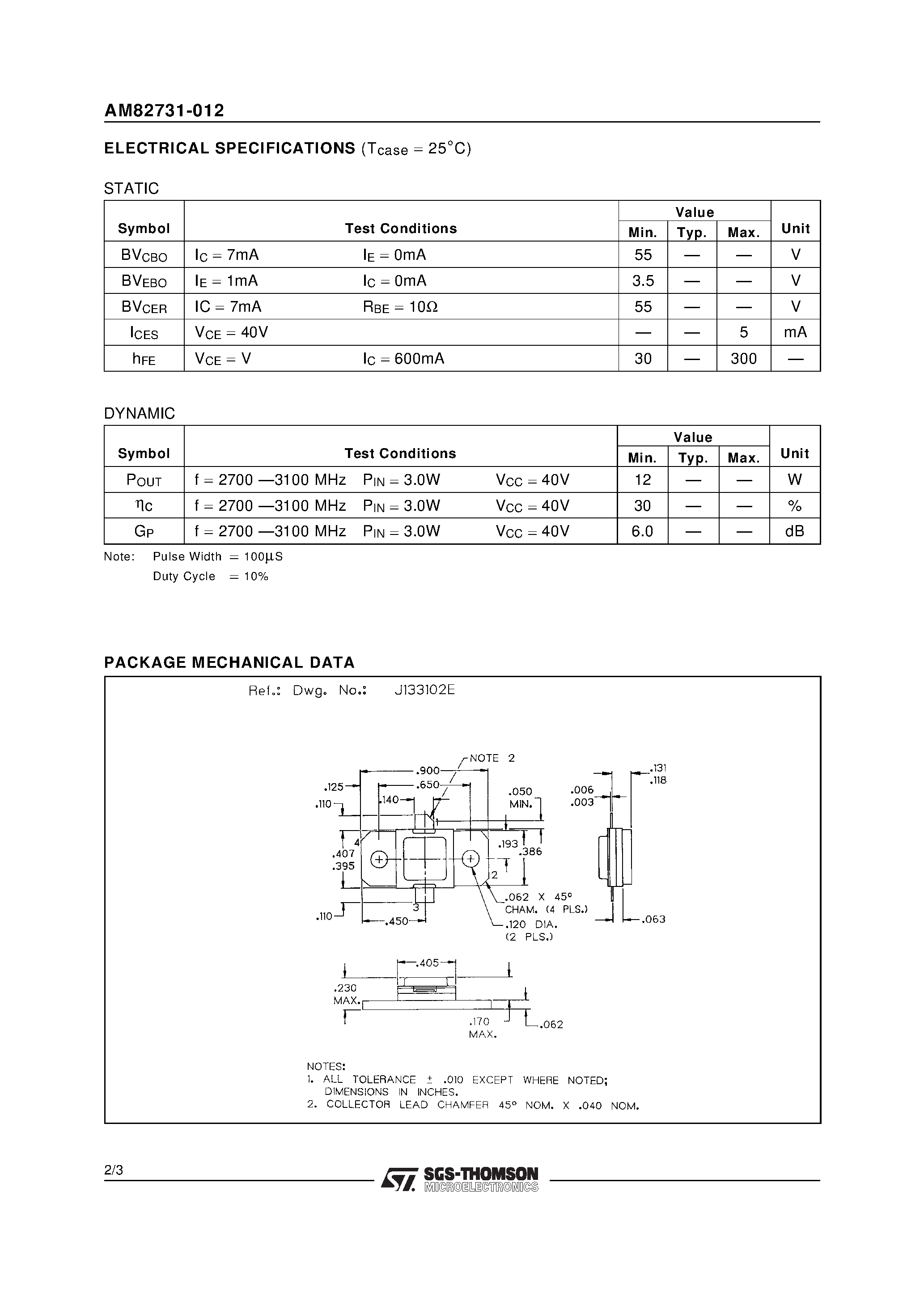 Даташит AM82731-012 - RF & MICROWAVE TRANSISTORS S-BAND RADAR APPLICATIONS страница 2