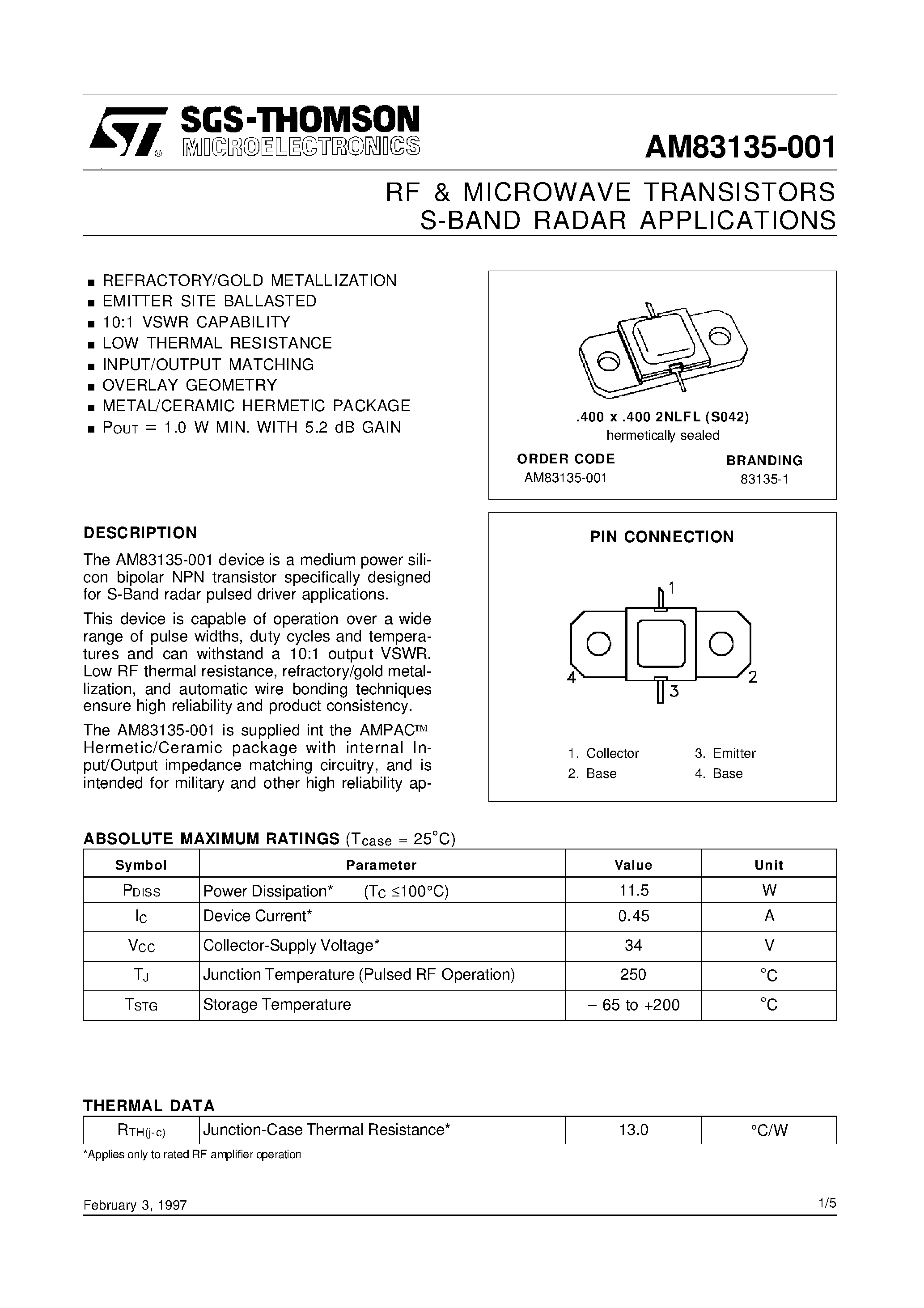 Datasheet AM83135-001 - RF & MICROWAVE TRANSISTORS S-BAND RADAR APPLICATIONS page 1