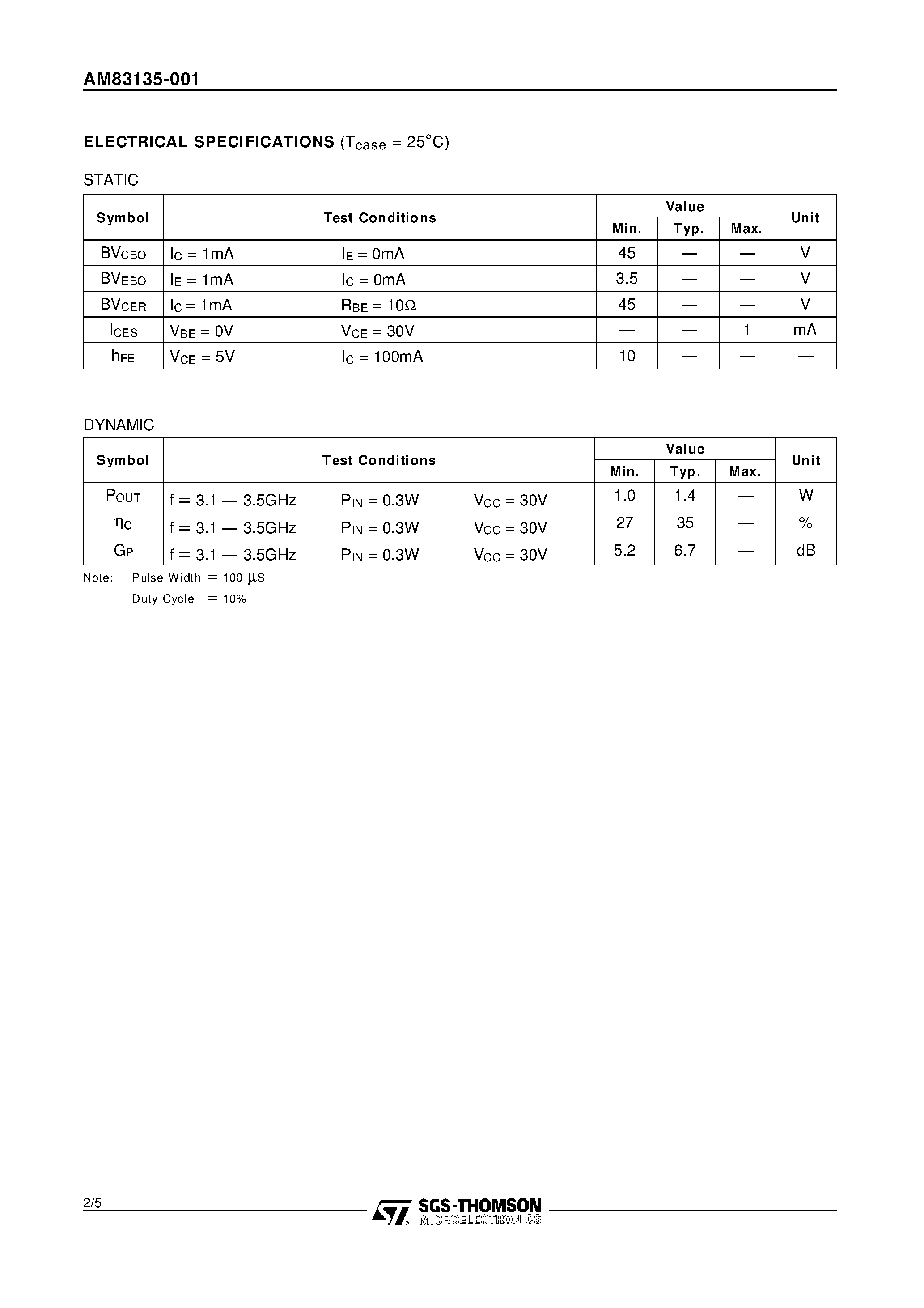 Даташит на микросхему AM83135-001 страница 2 Даташит AM83135-001 - RF & MICROWAVE TRANSISTORS S-BAND RADAR APPLICATIONS страница 2