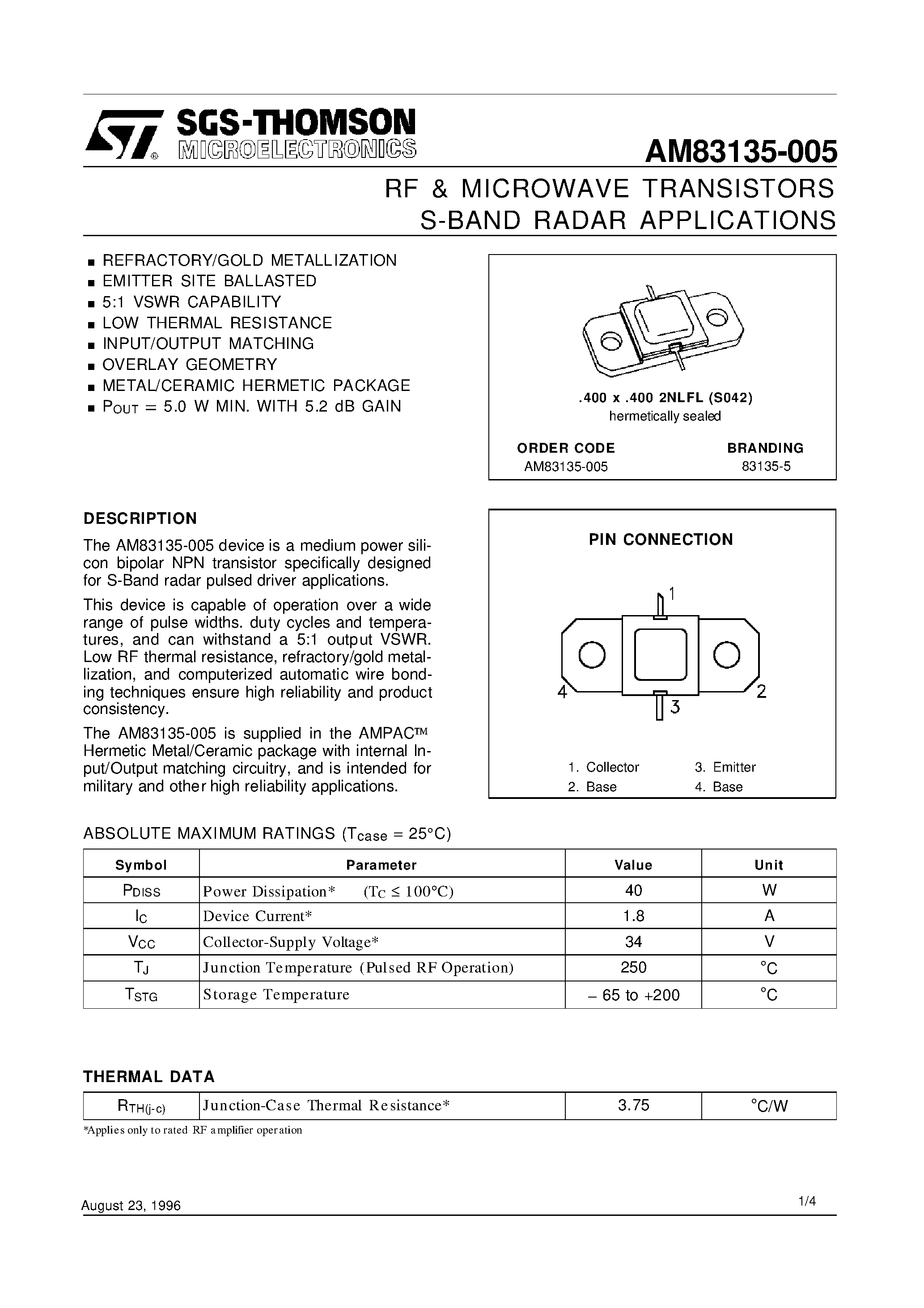 Даташит AM83135-005 - RF & MICROWAVE TRANSISTORS S-BAND RADAR APPLICATIONS страница 1