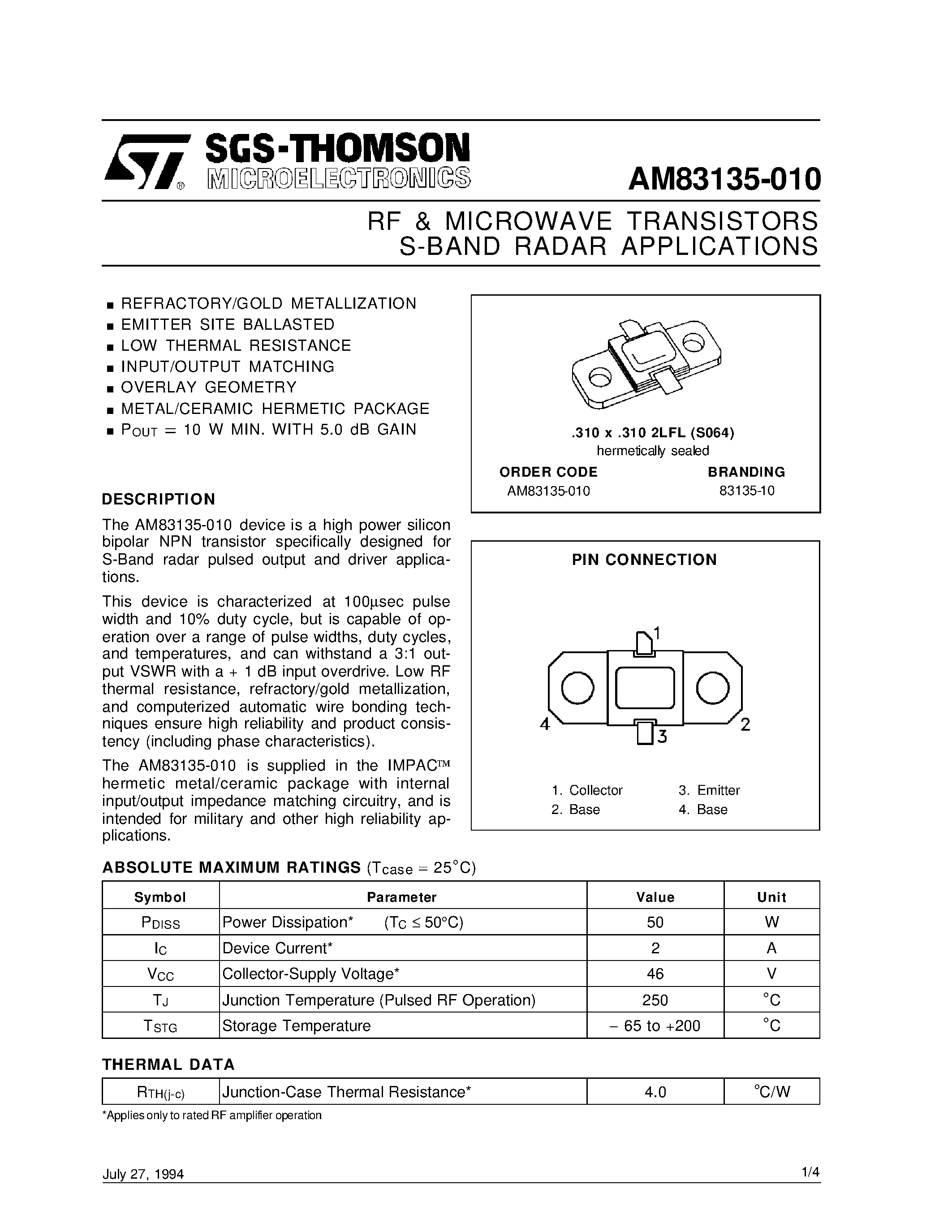 Datasheet AM83135-010 - RF & MICROWAVE TRANSISTORS S-BAND RADAR APPLICATIONS page 1