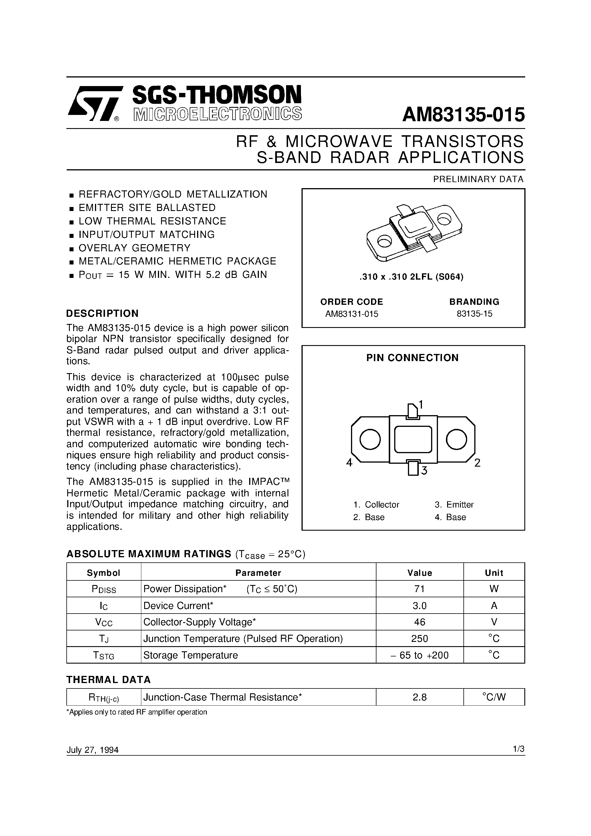 Даташит AM83135-015 - RF & MICROWAVE TRANSISTORS S-BAND RADAR APPLICATIONS страница 1